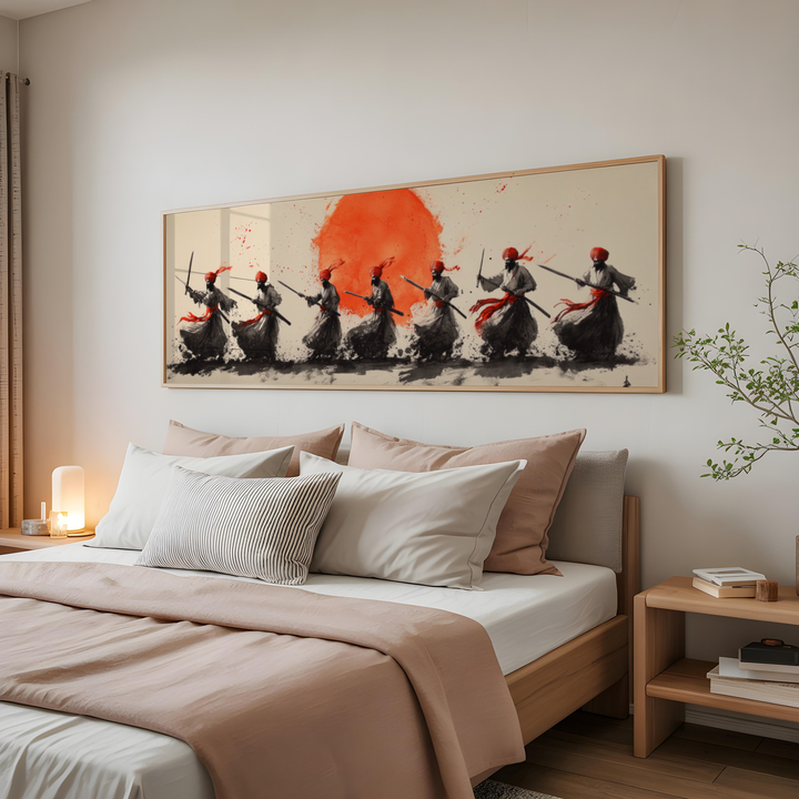 Sikh warriors marching with kirpan under red sun