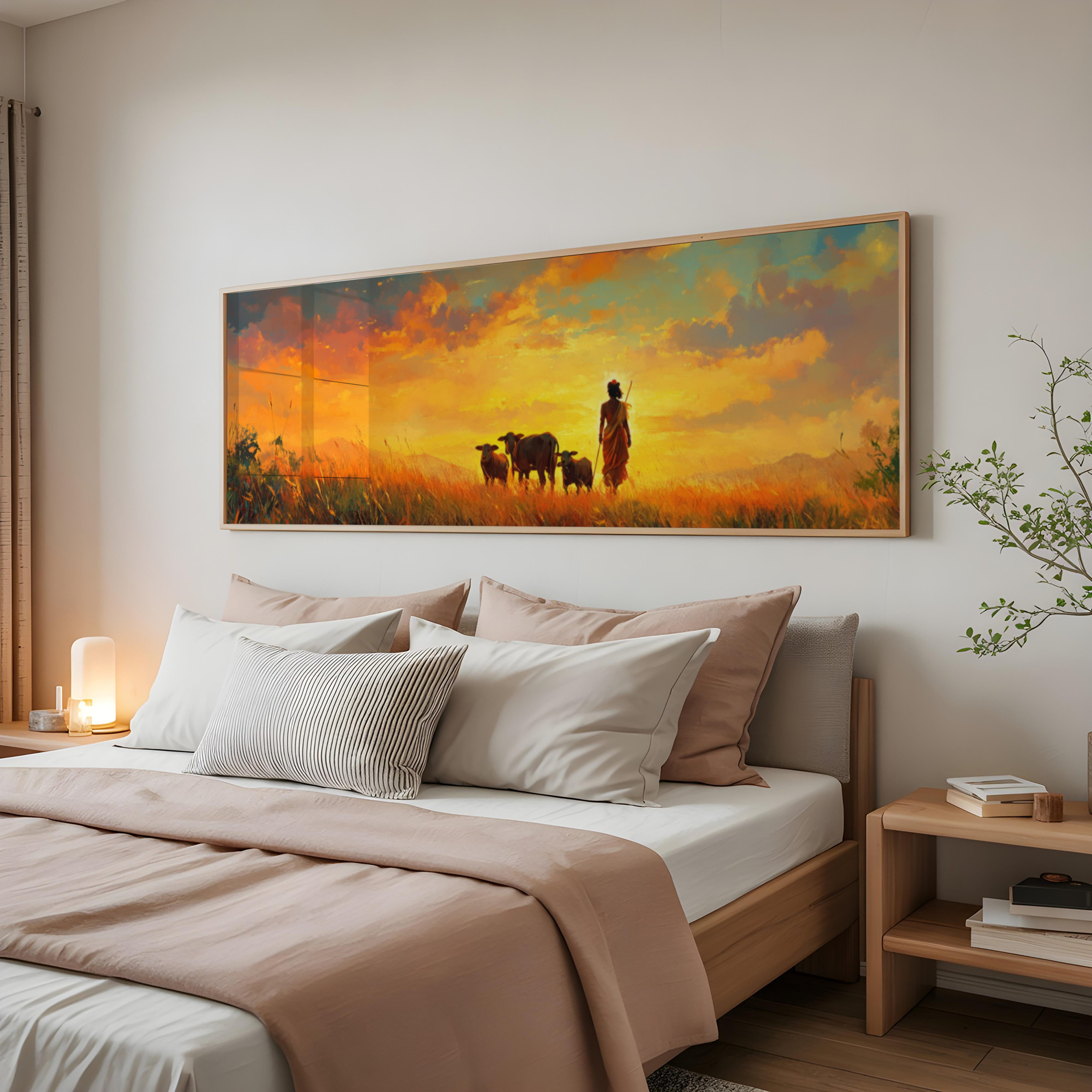Panoramic Krishna devotional wall art with golden sky and cows