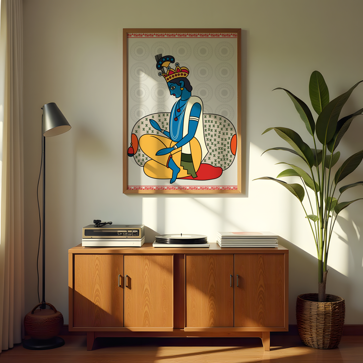 Lord Krishna folk-art painting seated in devotional posture with traditional motifs