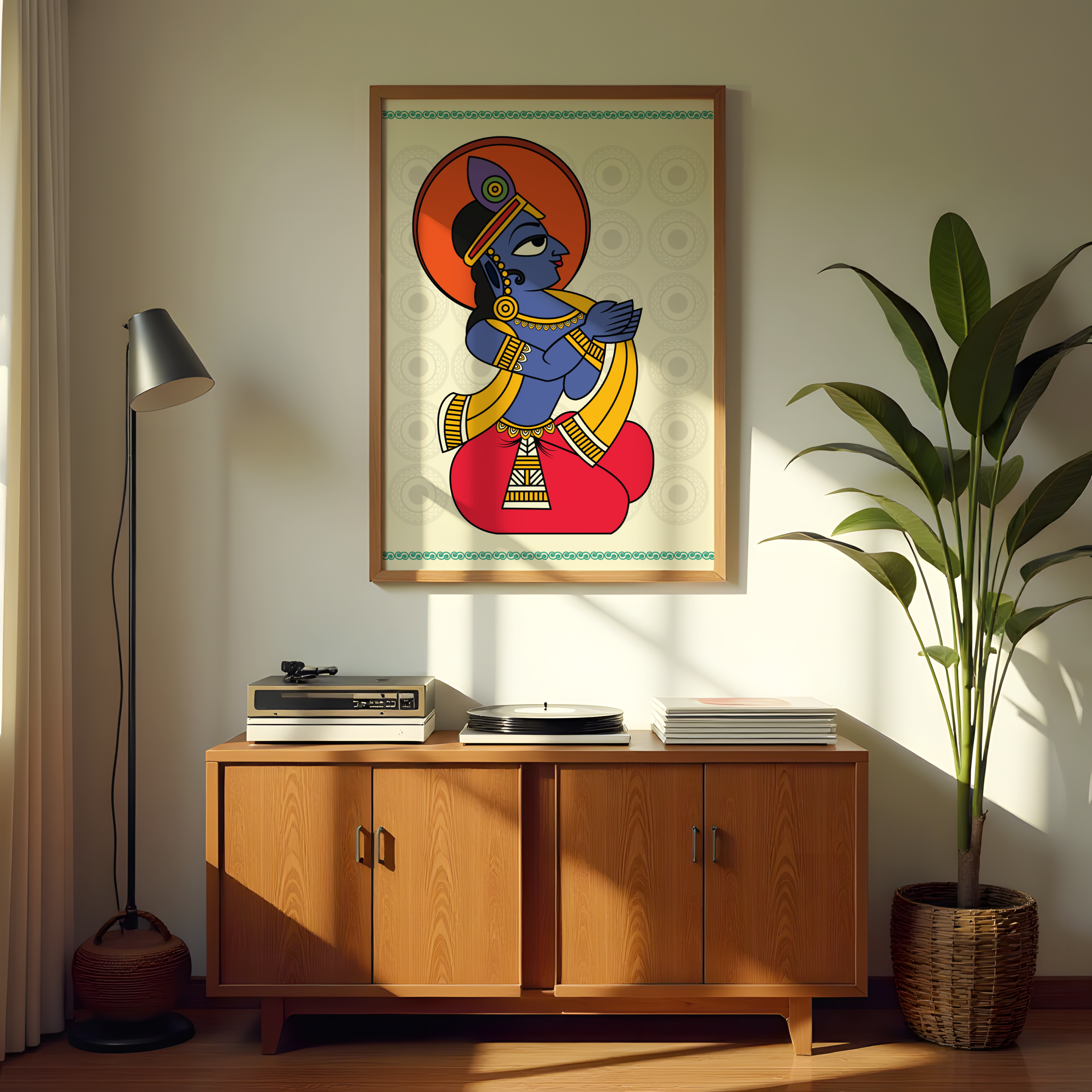 Krishna folk-art painting in prayer posture with bright traditional colors
