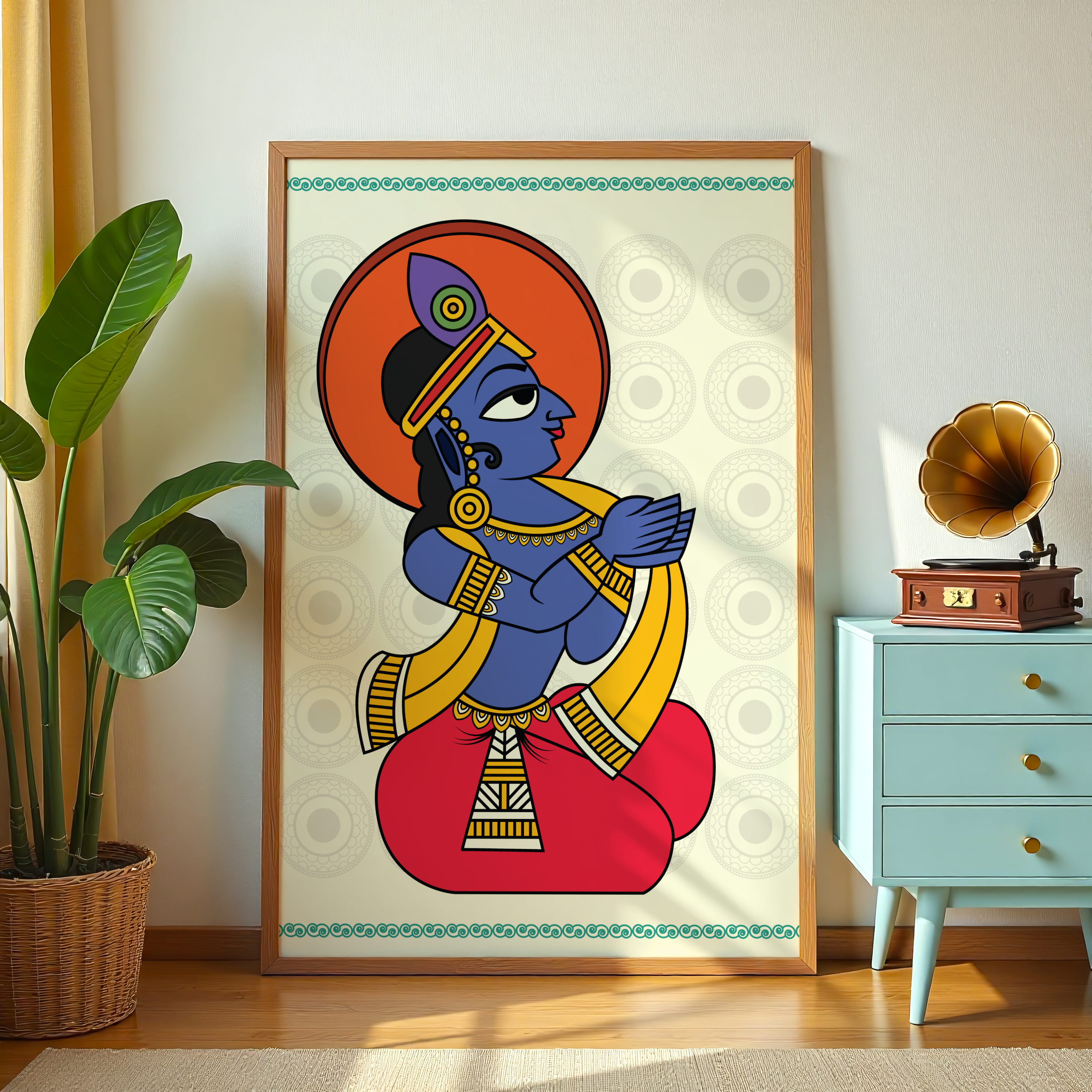 Madhubani-inspired Krishna painting with vibrant ethnic details