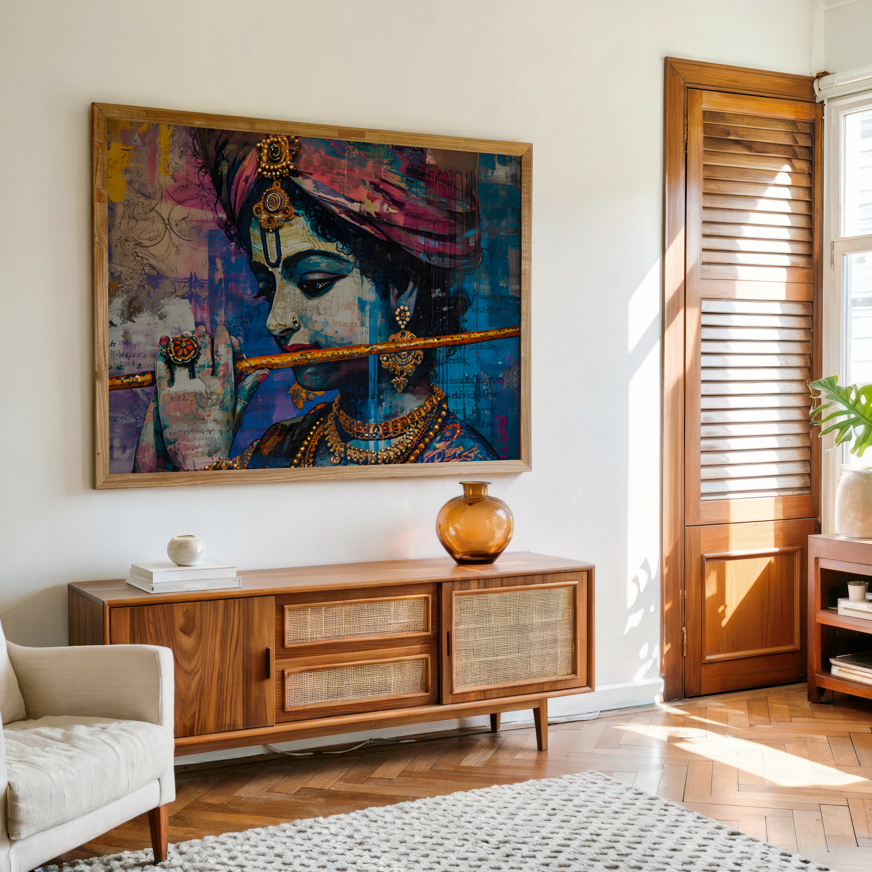 Framed wall art of Lord Krishna playing bansuri – perfect for Indian spiritual home décor
