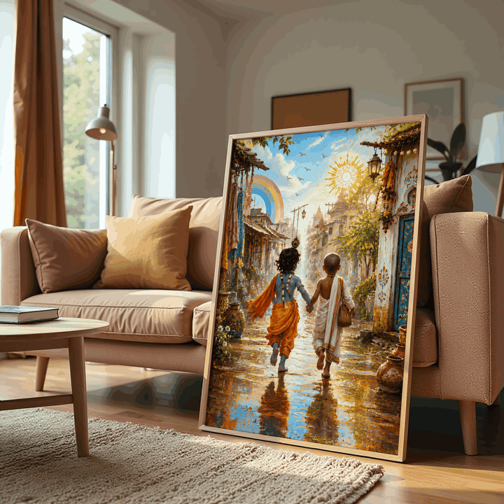 Krishna and Sudama walking together in colorful Indian village wall art