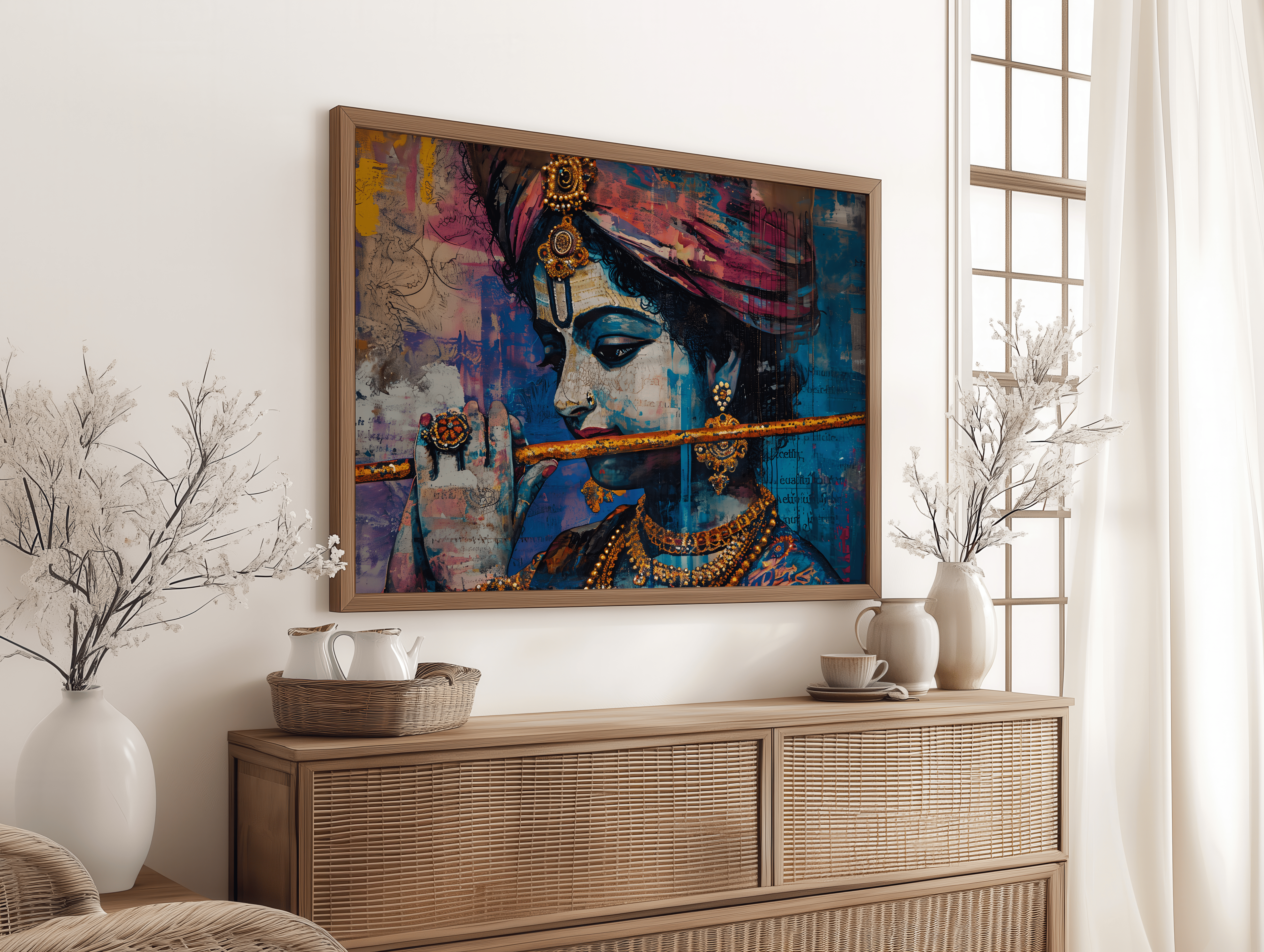 Framed Krishna Playing Bansuri Wall Art – Divine Indian Spiritual Decor