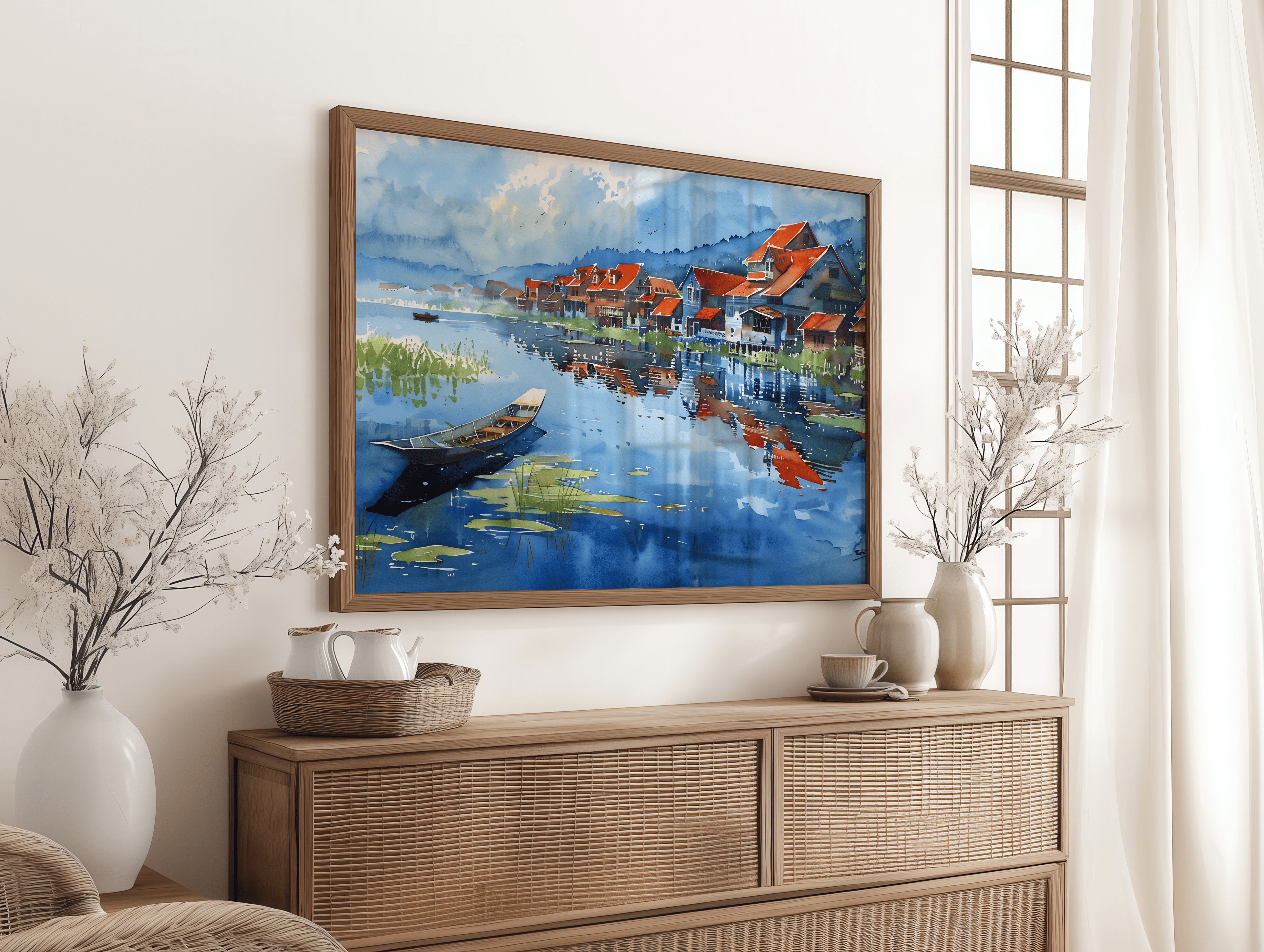 Canvas wall art of calm lakeside village and blue reflections