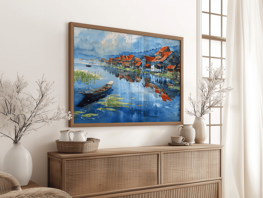 Canvas wall art of calm lakeside village and blue reflections