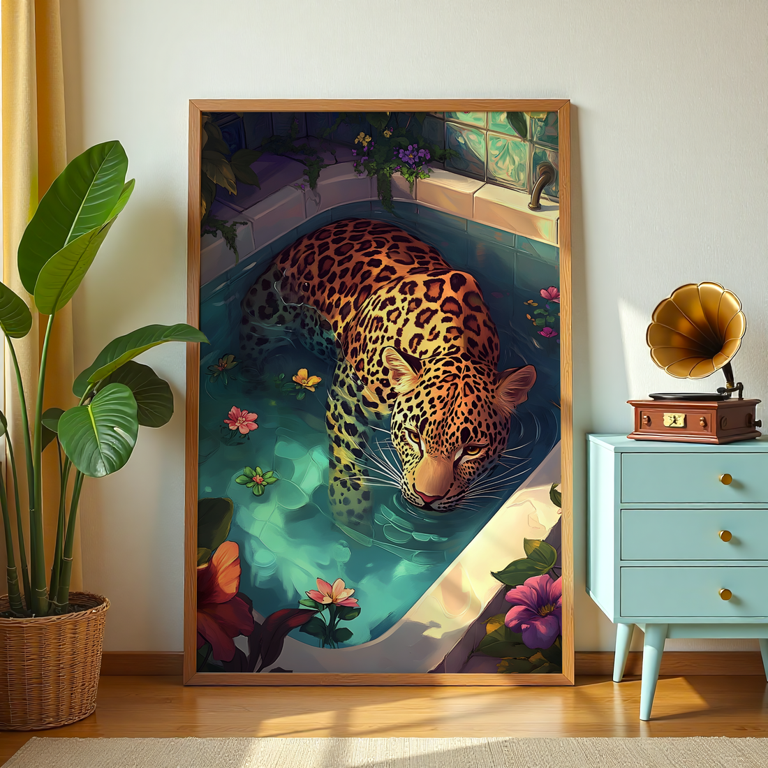 Leopard in water surrounded by flowers artistic wildlife wall decor