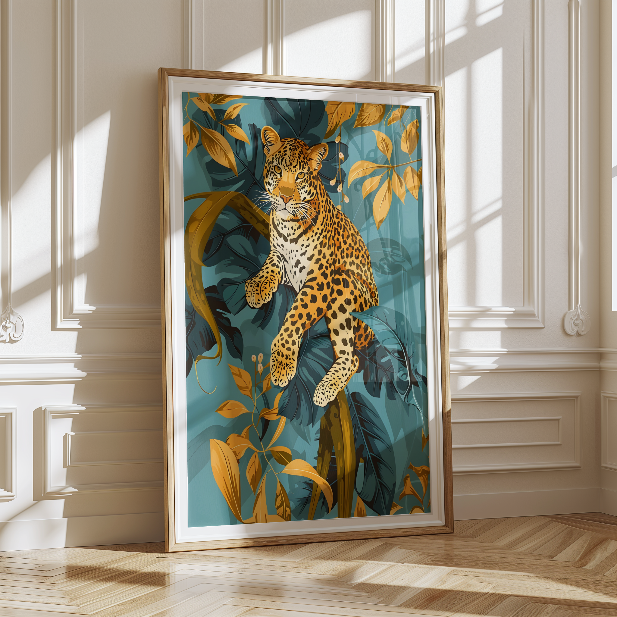 Leopard resting among teal and golden tropical leaves