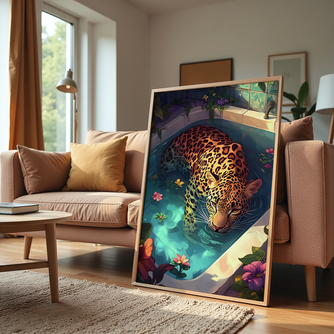 Leopard resting in tranquil water luxury wildlife canvas wall art