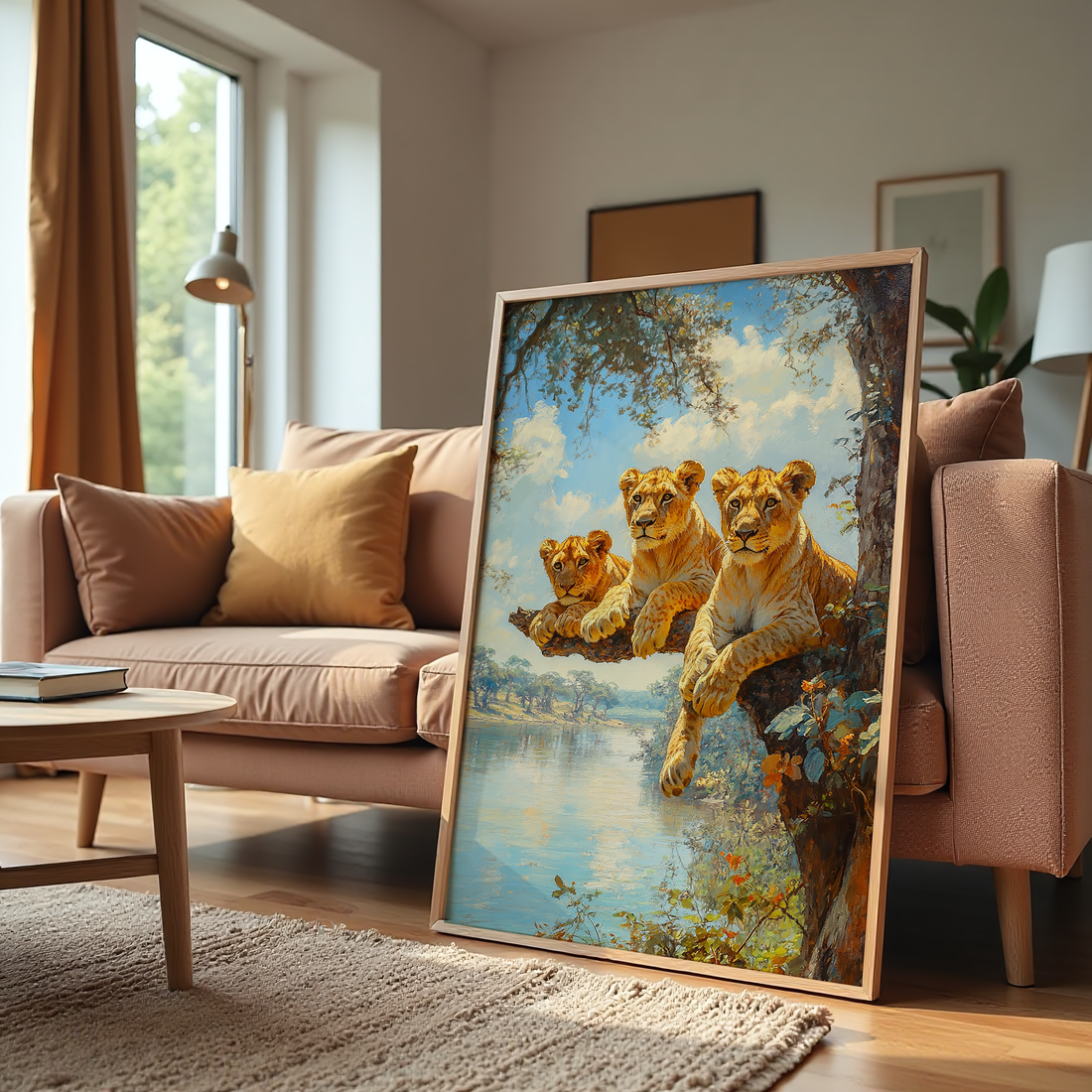 Lion family resting on tree branch by river – wildlife safari canvas wall art