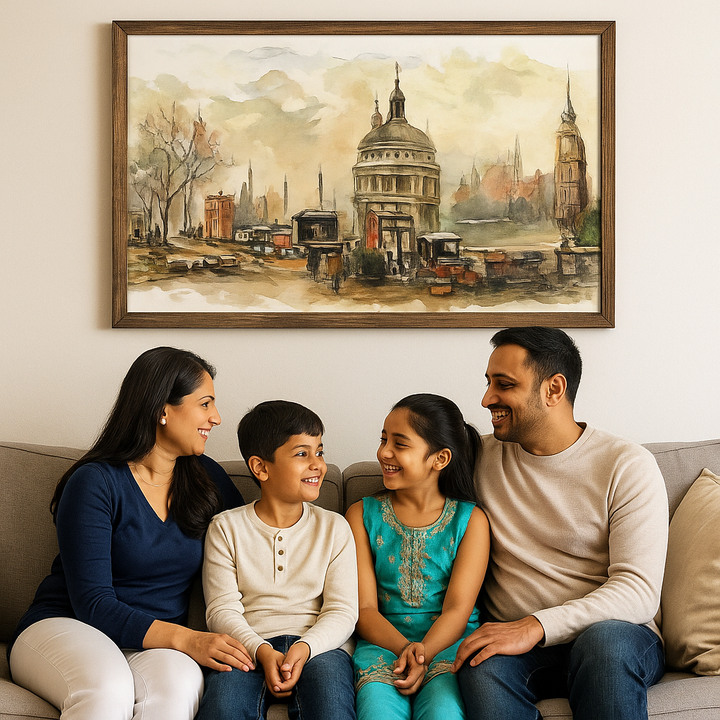 London cityscape canvas print framed in walnut, styled in a modern living room with neutral decor.