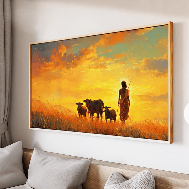 Lord Krishna walking with cows at sunset spiritual canvas wall art