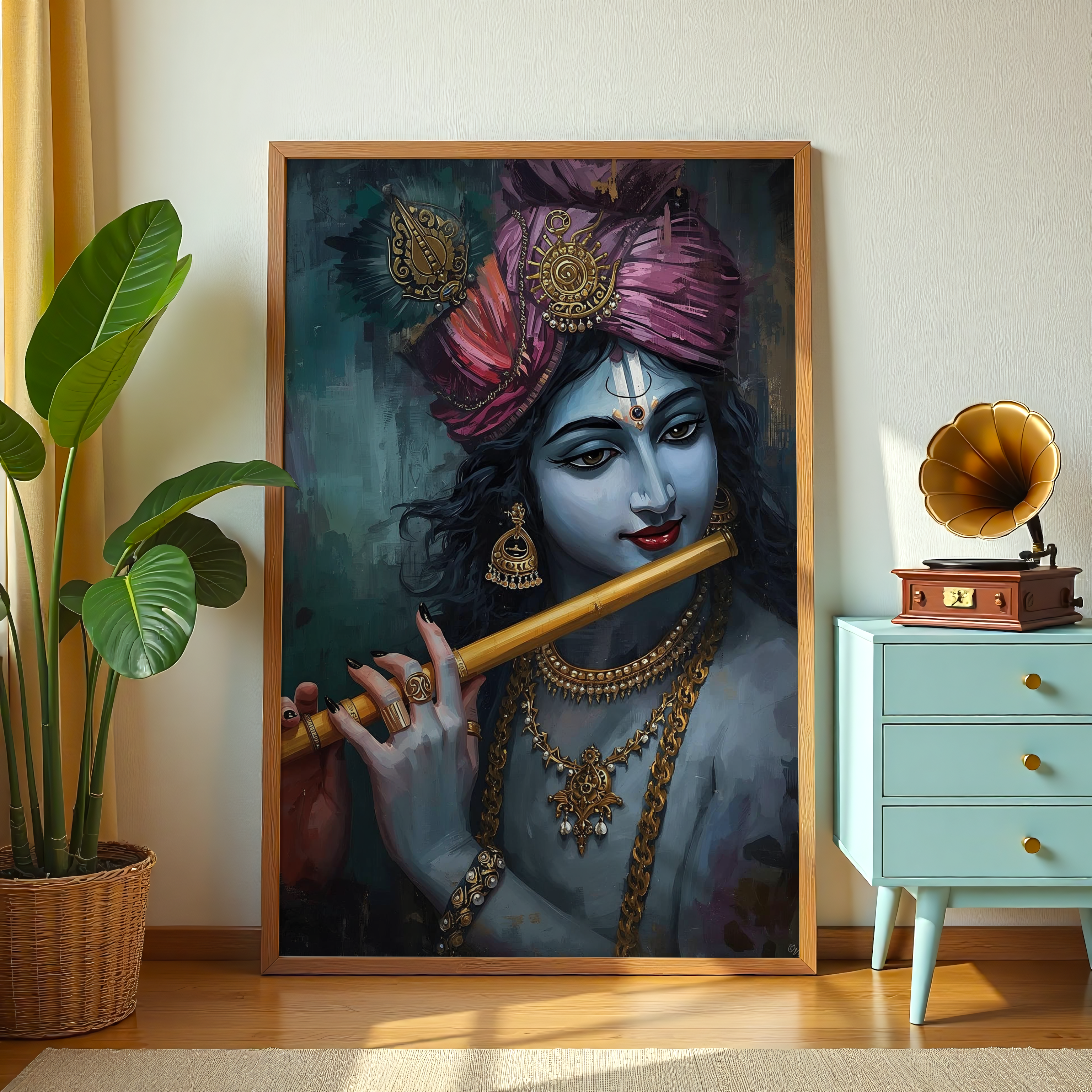 Lord Krishna flute painting with golden jewellery on canvas