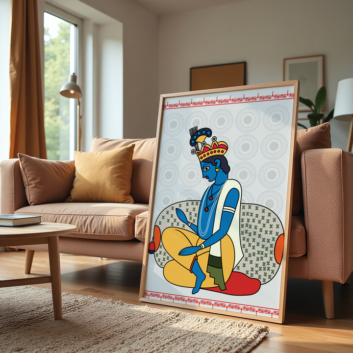 Spiritual Krishna artwork in Indian folk-art style on patterned grey background