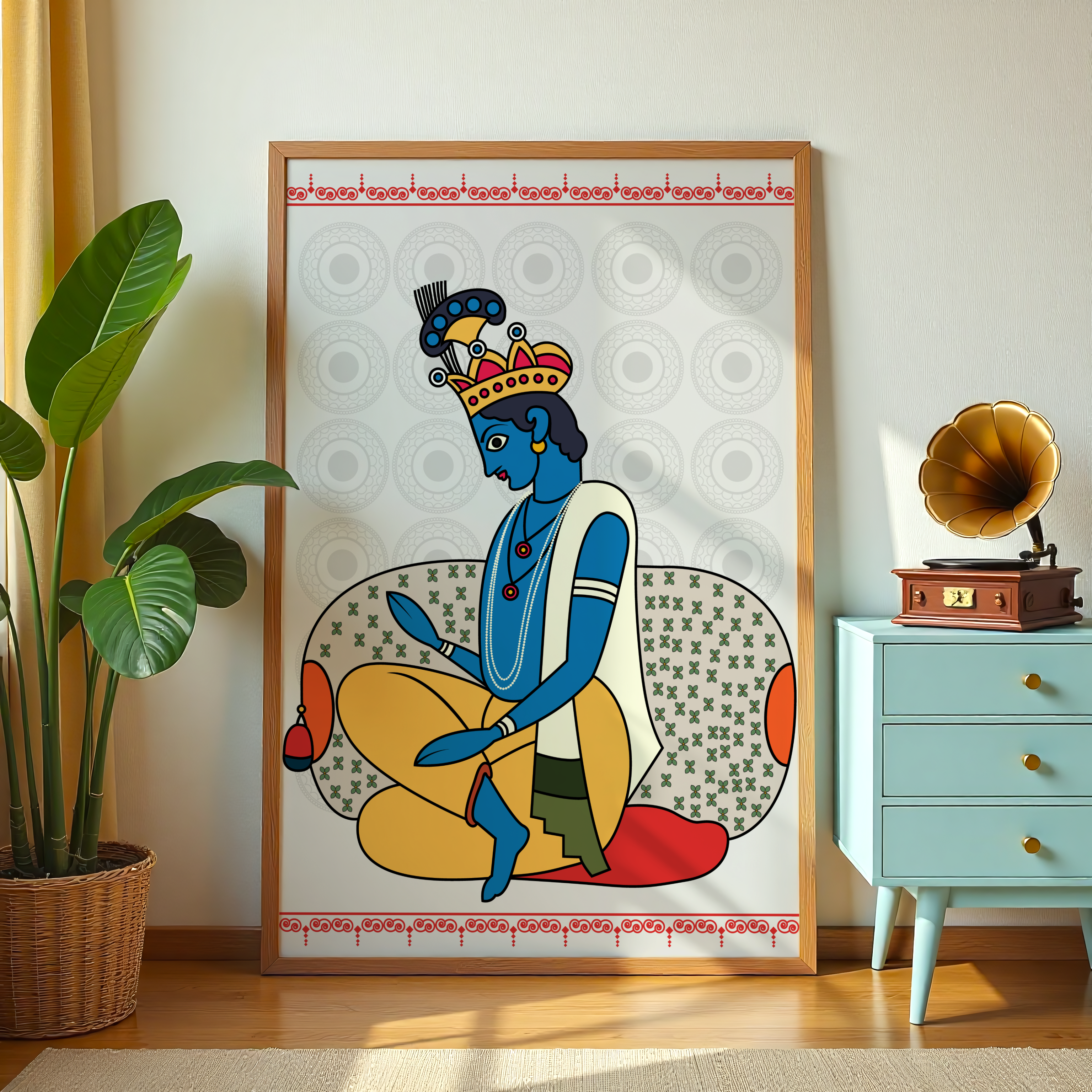 Madhubani-inspired Krishna painting with vibrant colors and ethnic details