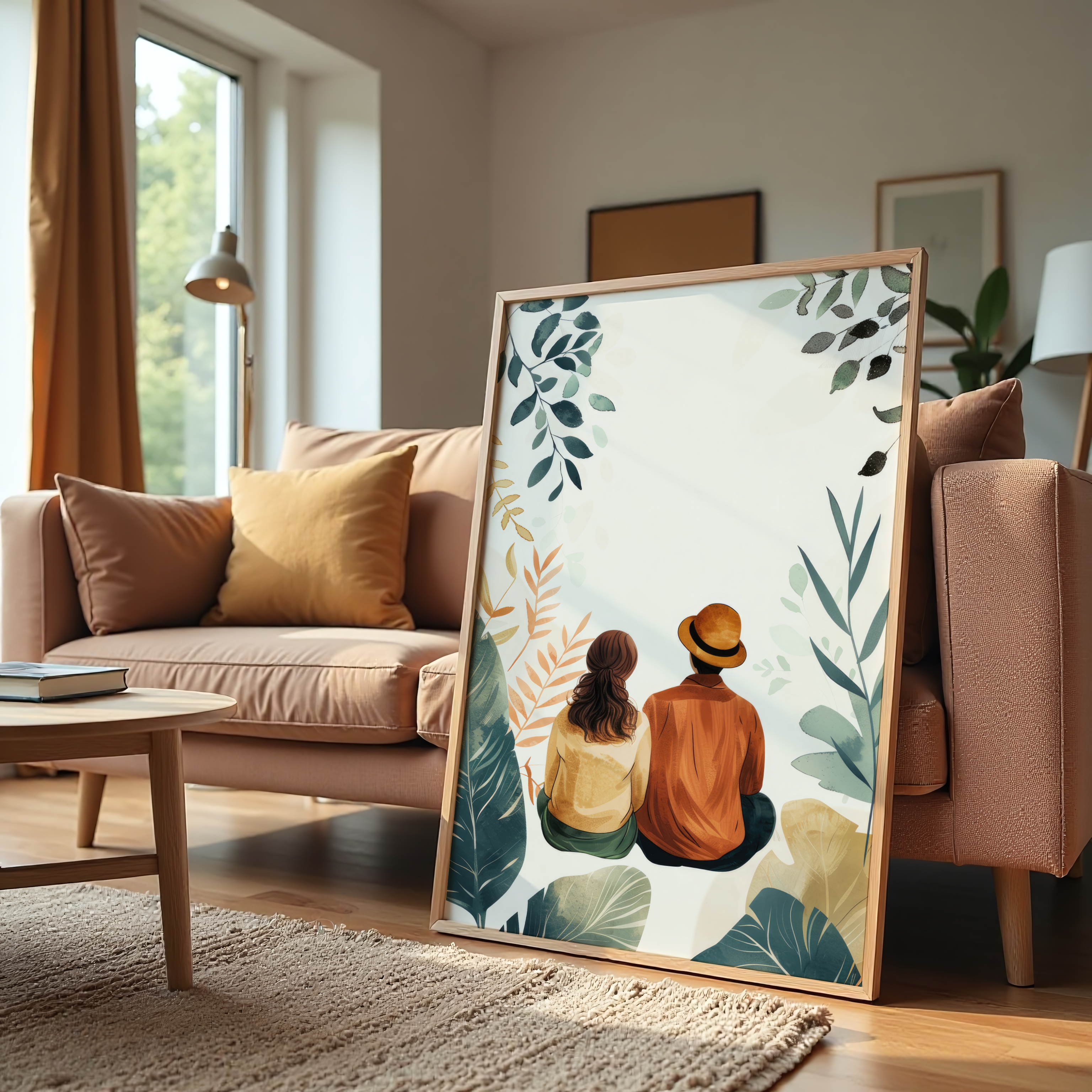 Romantic couple sitting together canvas wall art with frame