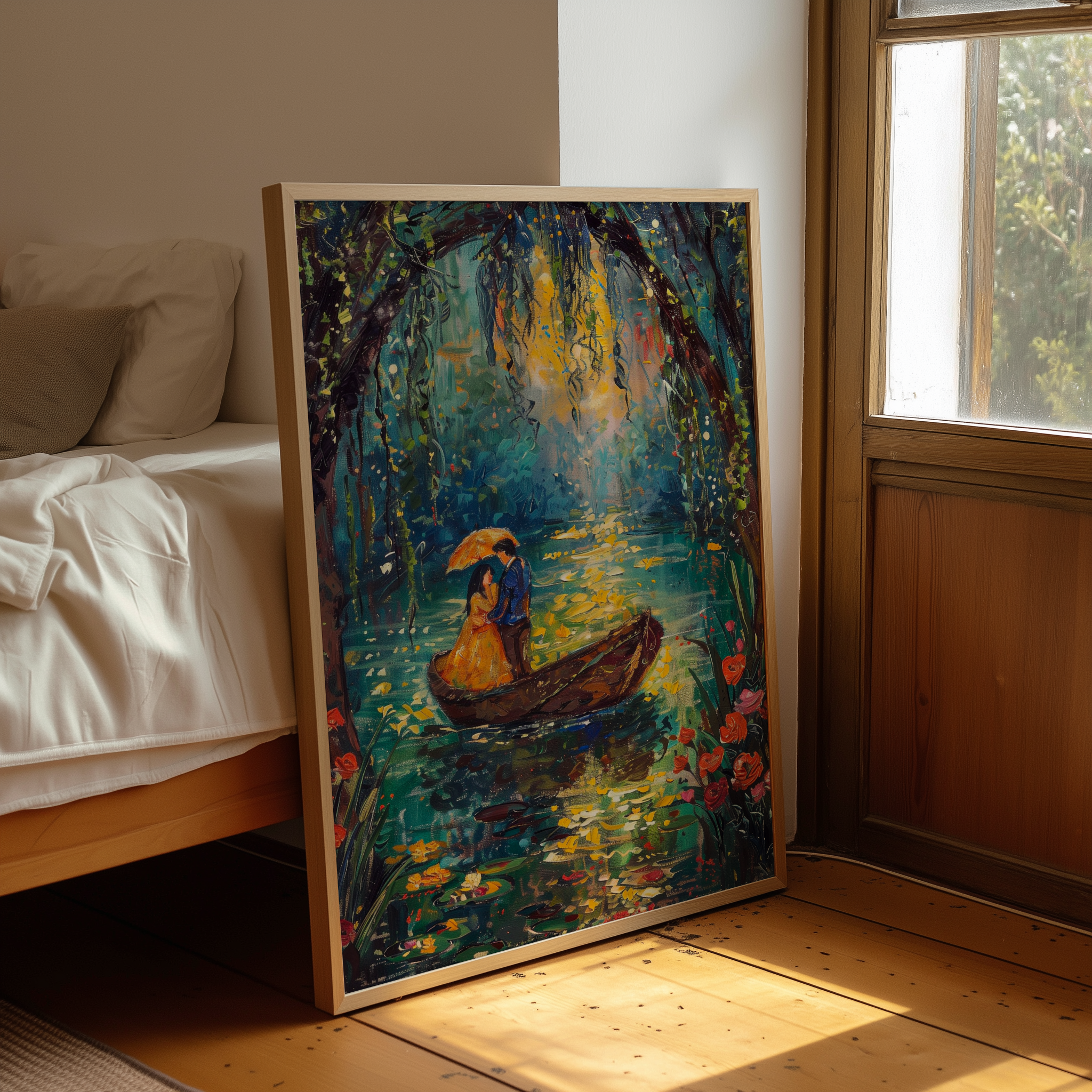 Romantic Couple in Boat – Love Under Moonlight Canvas Wall Art