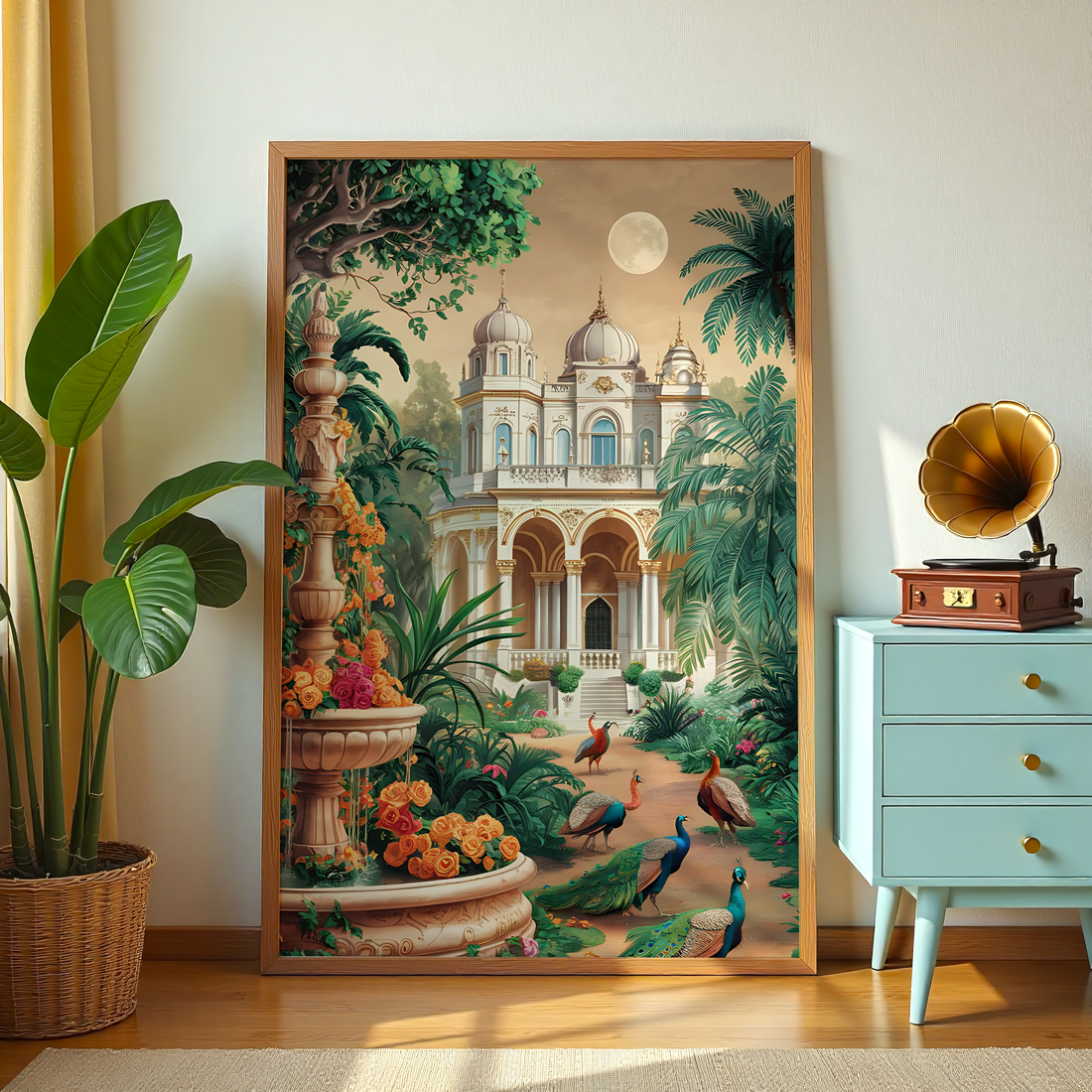 Luxury Indian palace artwork featuring peacocks, fountain, and lush green garden