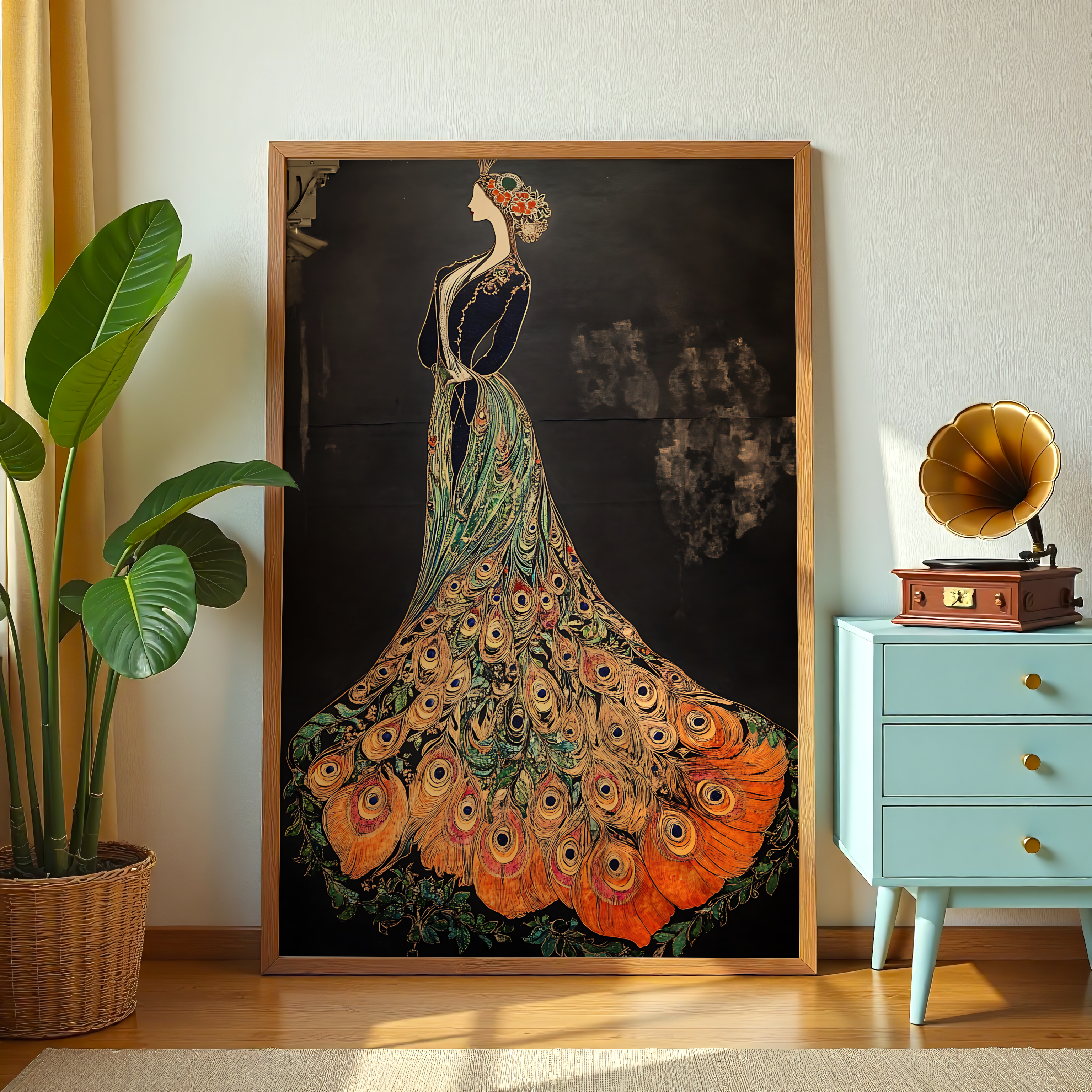 Peacock dress artwork on canvas for luxury and modern interiors.