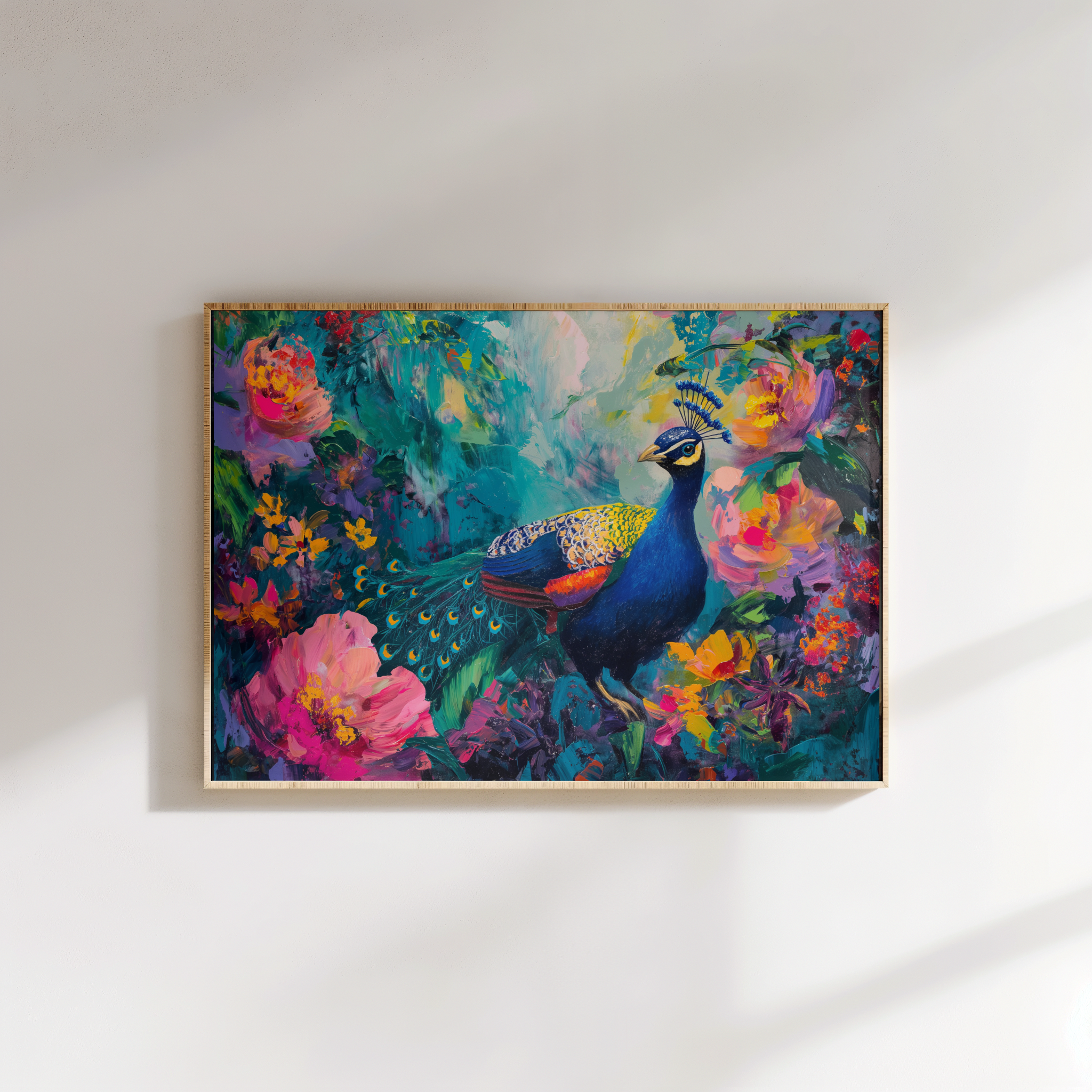 Luxury peacock wall art canvas print – colorful Indian digital artwork for modern home interiors”