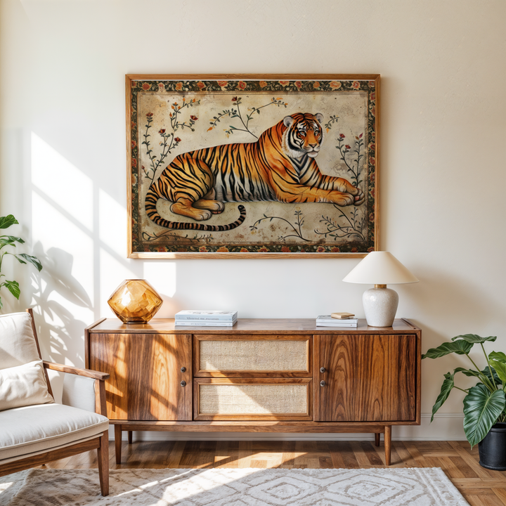 Luxury animal wall decor featuring a resting Bengal tiger