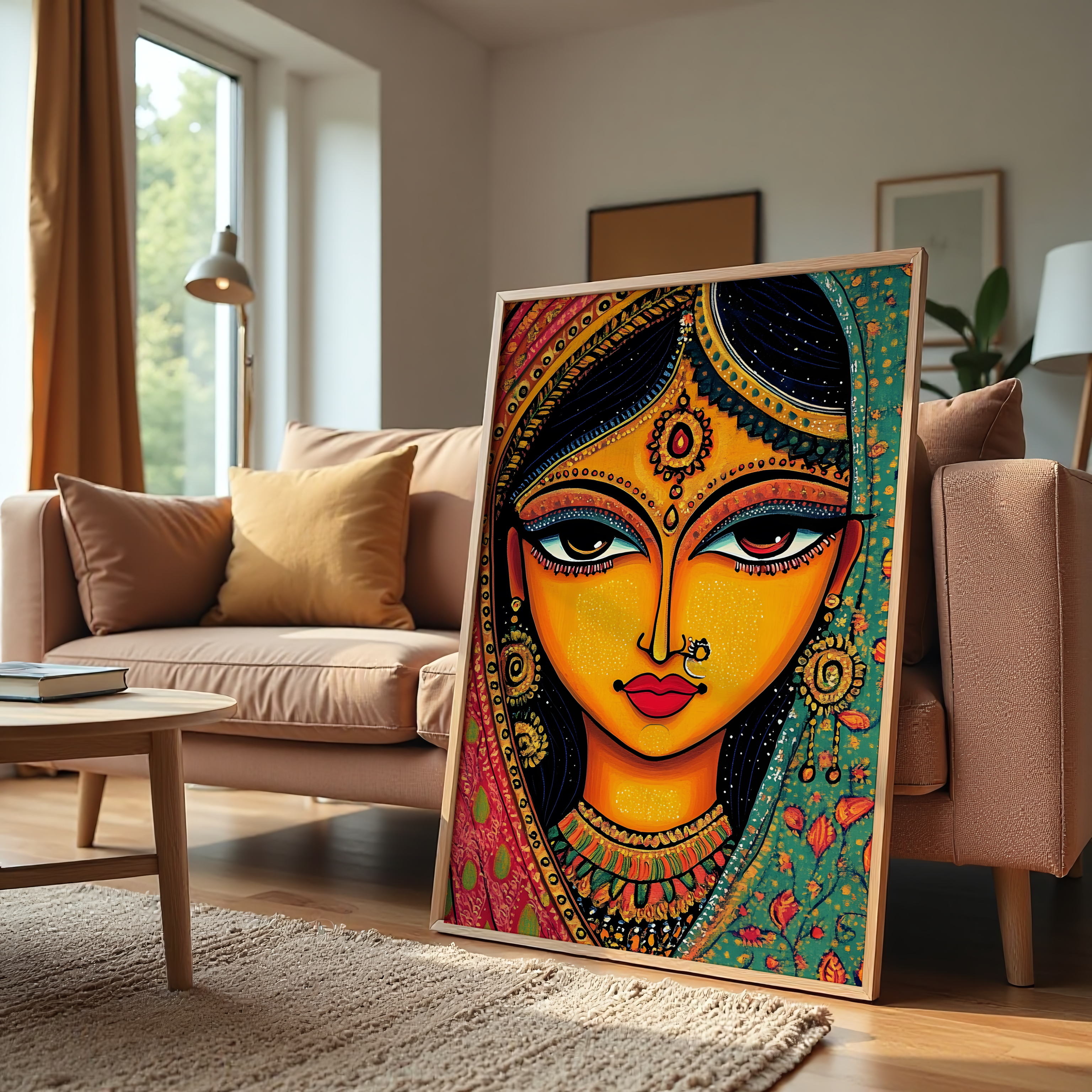 Madhubani inspired feminine folk art canvas wall painting for living room décor
