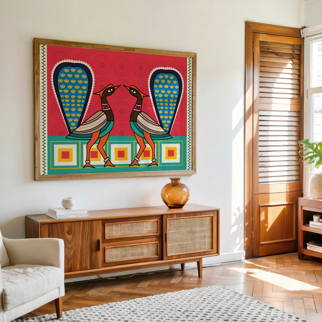 Madhubani inspired peacock wall art in vibrant Indian folk style