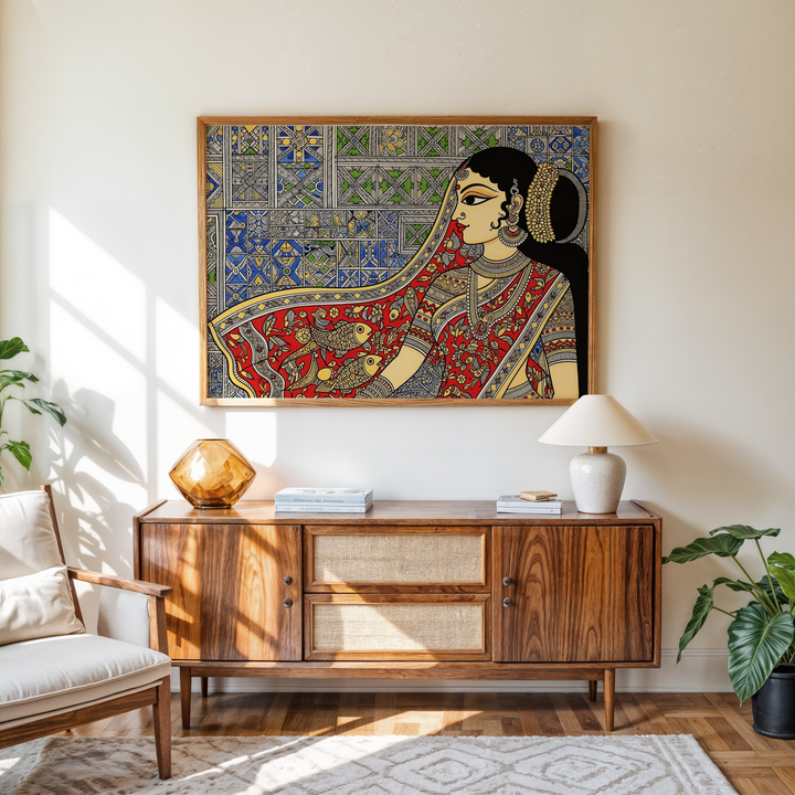 Madhubani-inspired red saree woman portrait canvas print with detailed line work