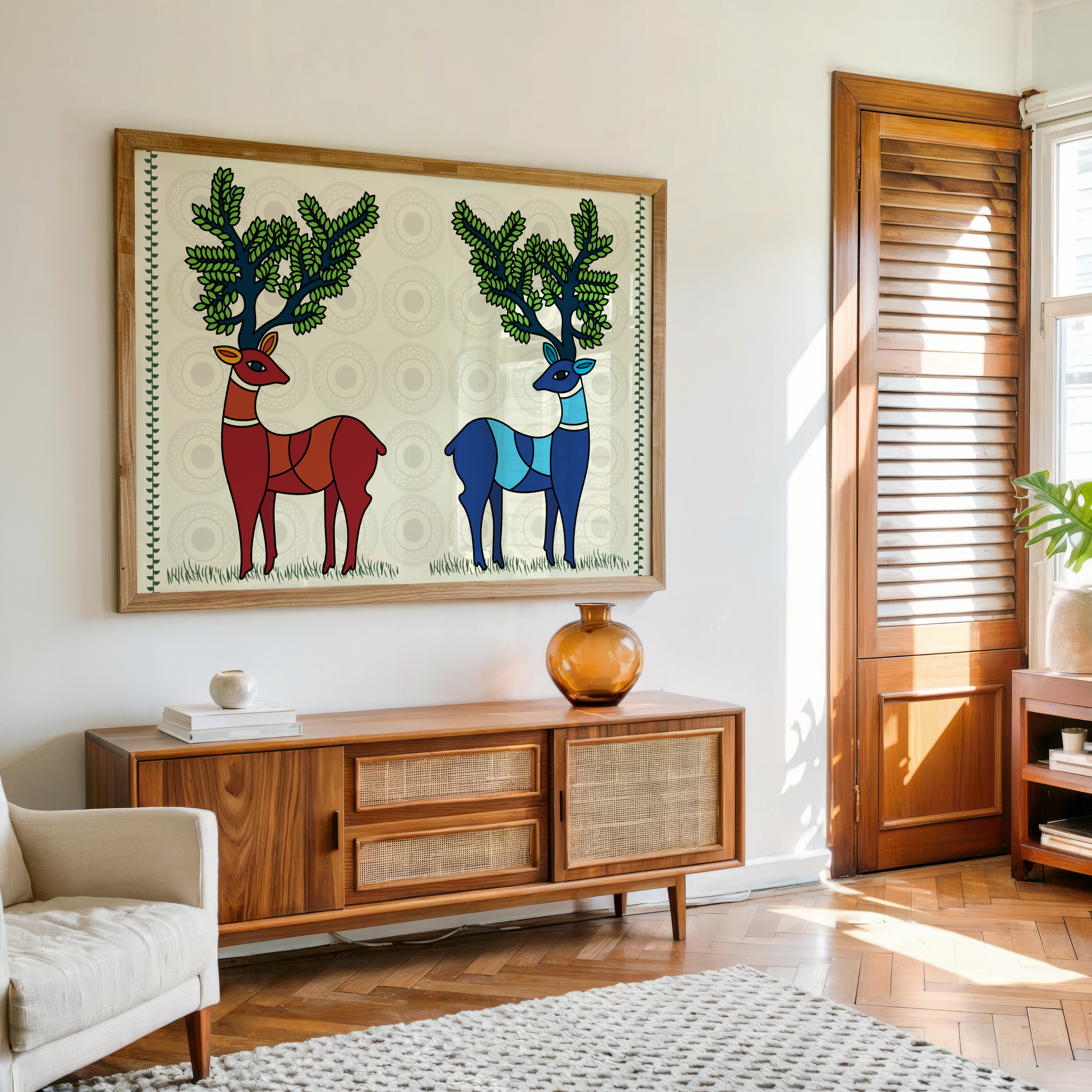 Madhubani folk art deer couple canvas wall art with frame