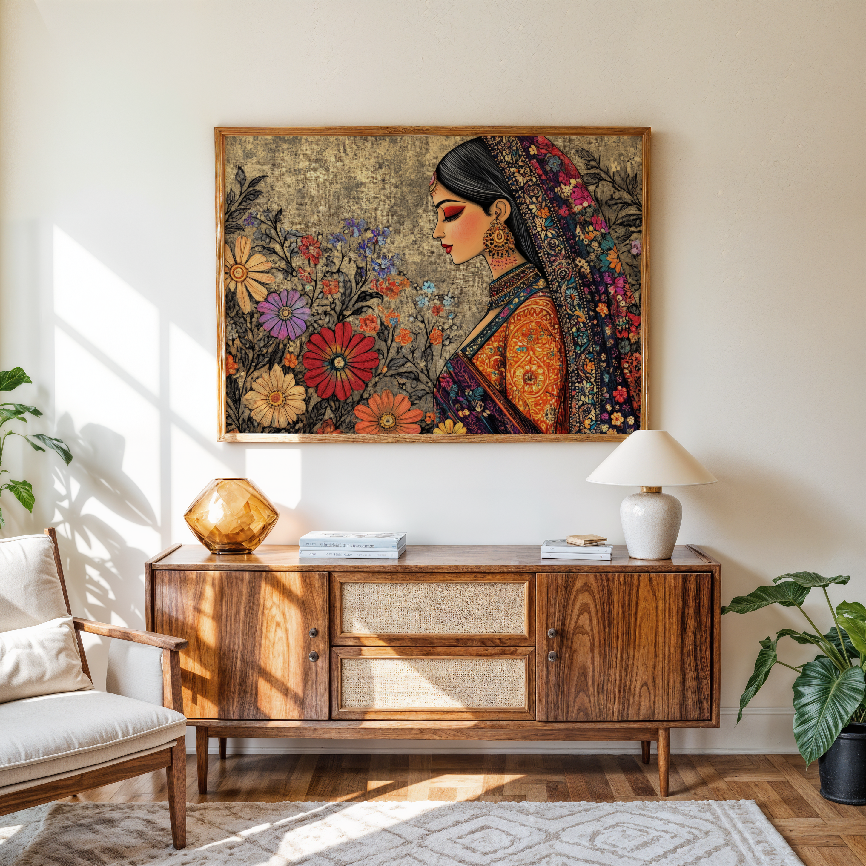 Folk art style woman in sari framed canvas wall décor