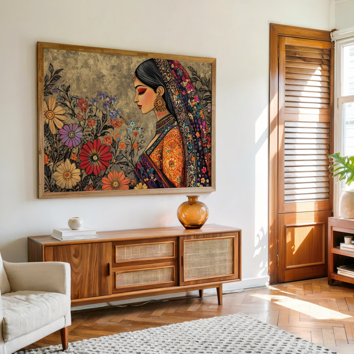 Madhubani-inspired woman canvas wall art with colorful sari
