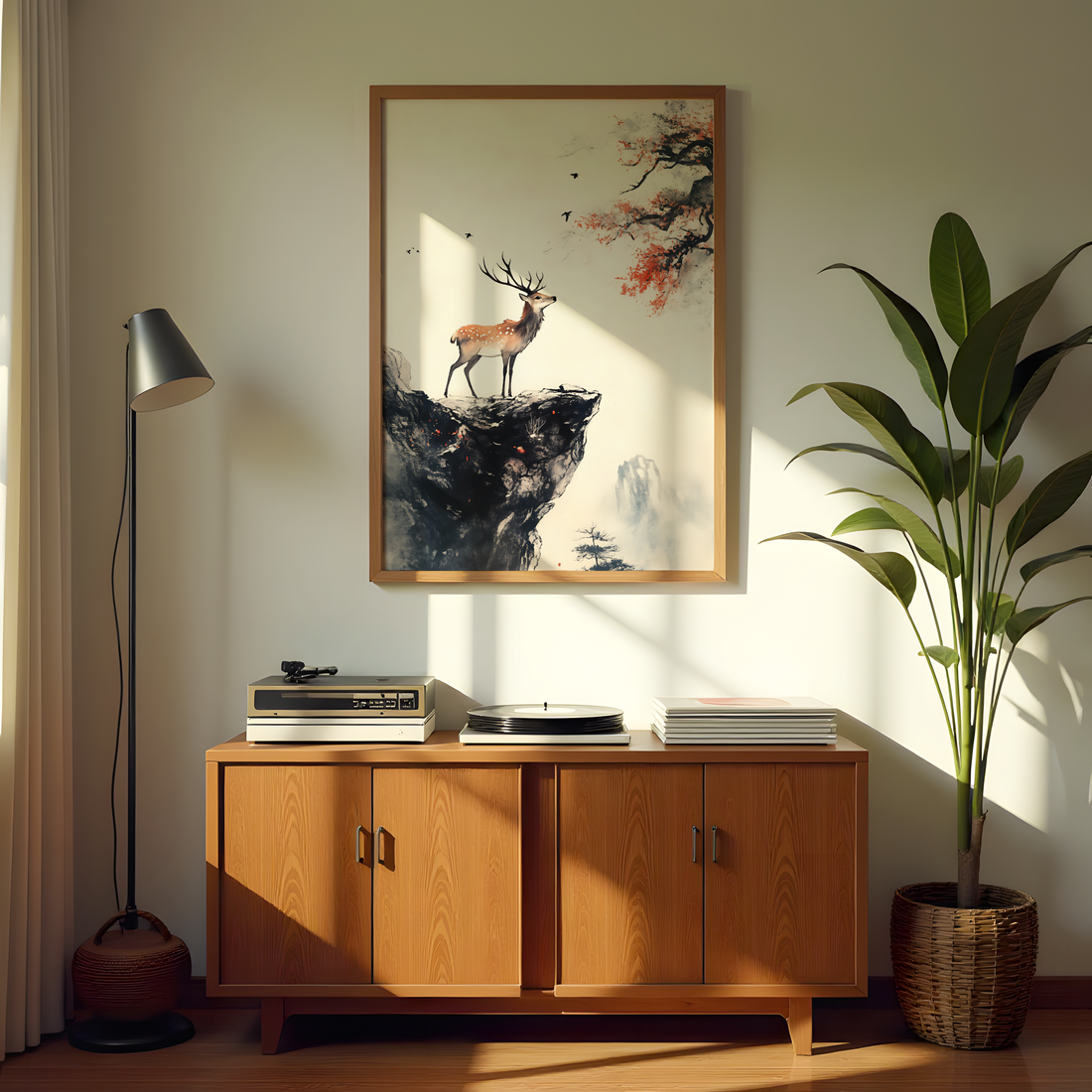 Majestic deer on cliff minimalist canvas wall art with misty mountains