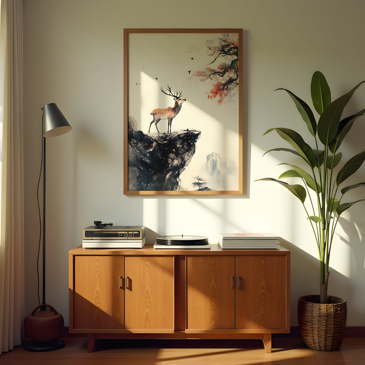 Majestic deer on cliff minimalist canvas wall art with misty mountains