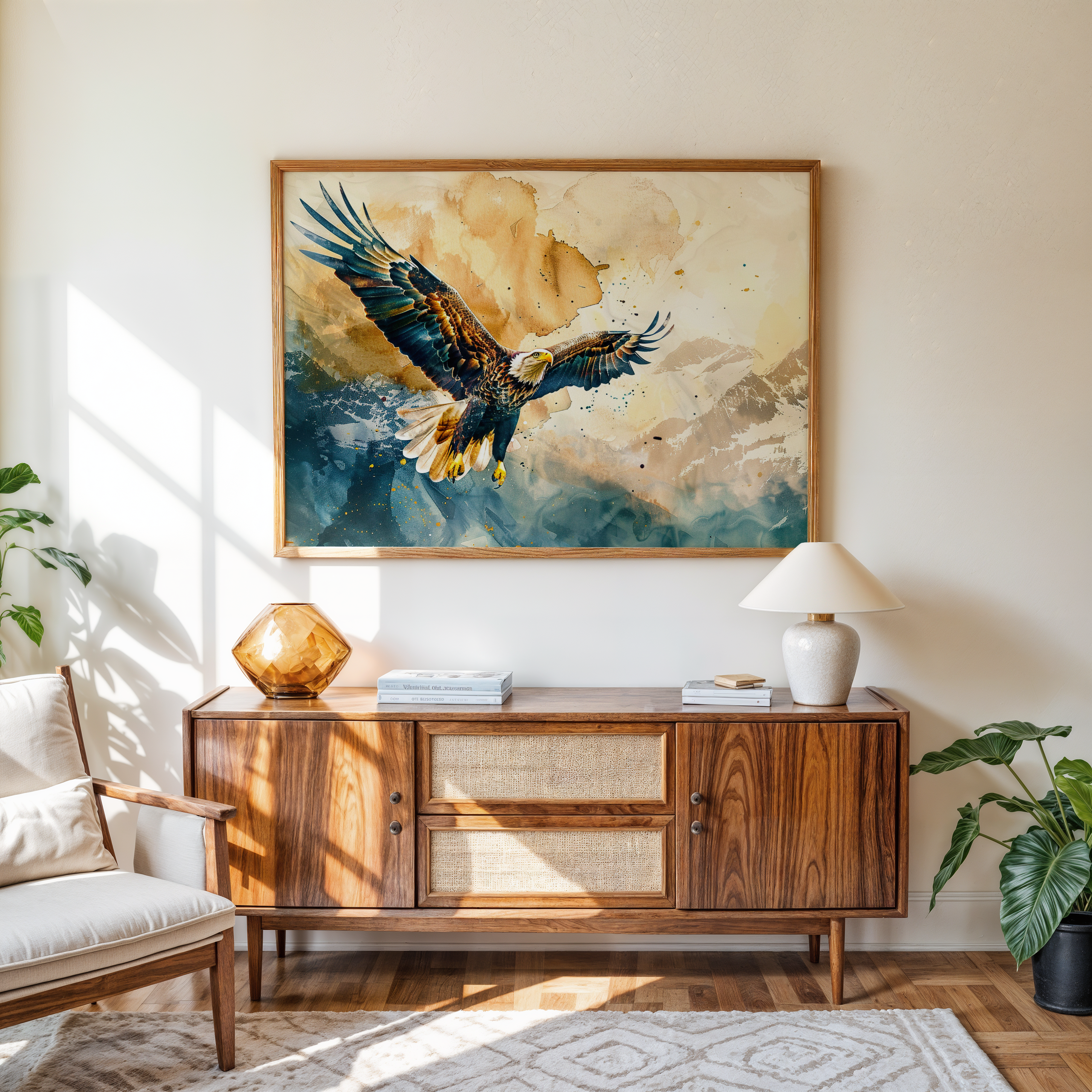 Wooden sideboard with a large framed painting of an eagle in a living room setting.