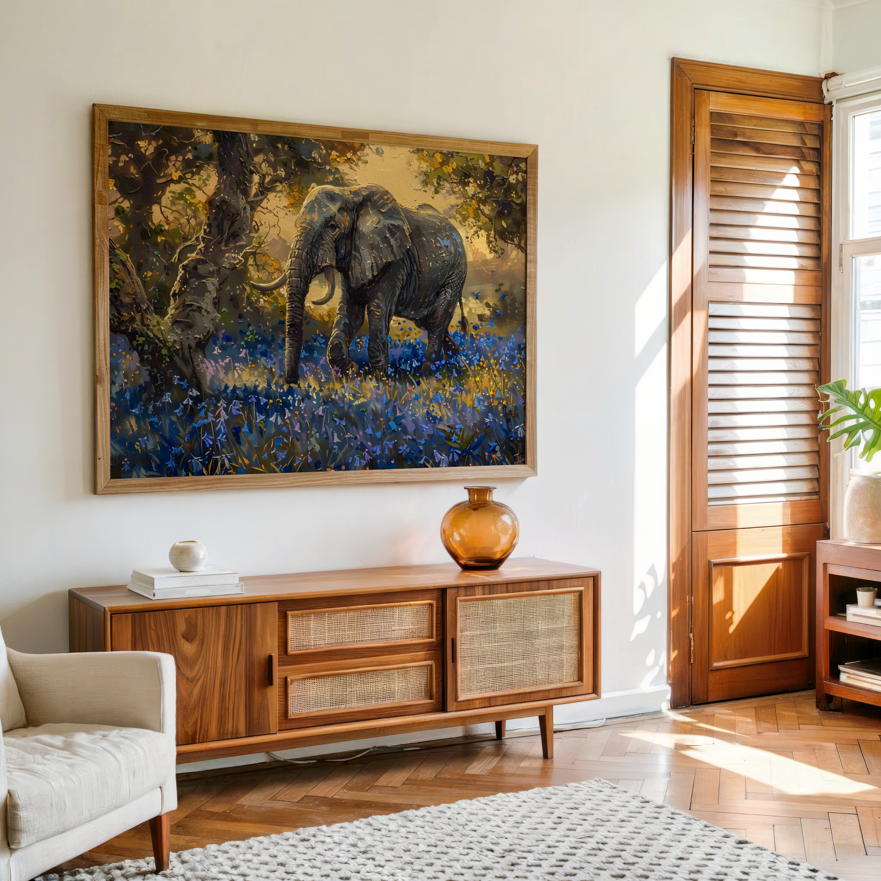 Majestic elephant walking through a bluebell meadow in sunlight