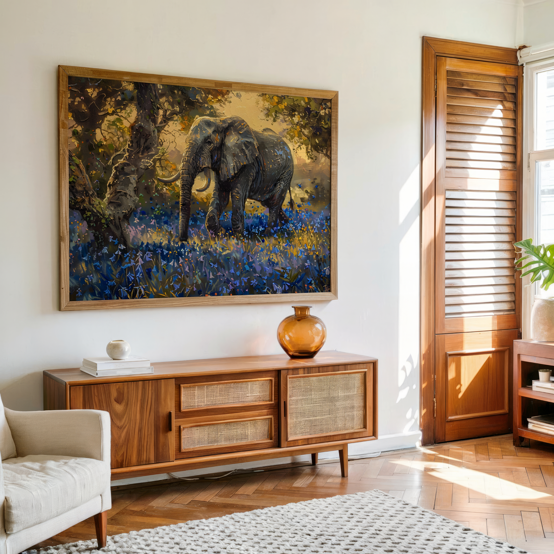 Majestic elephant walking through a bluebell meadow in sunlight