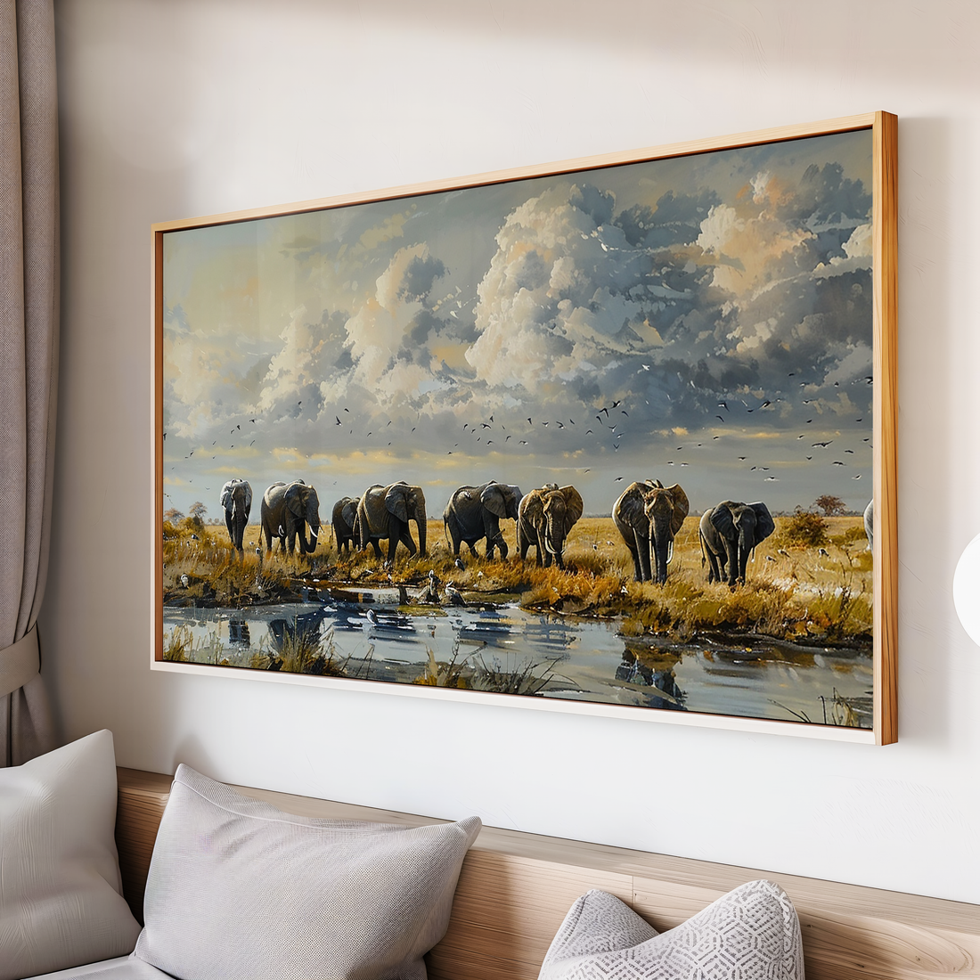 Majestic elephant herd gathered at a watering hole landscape art