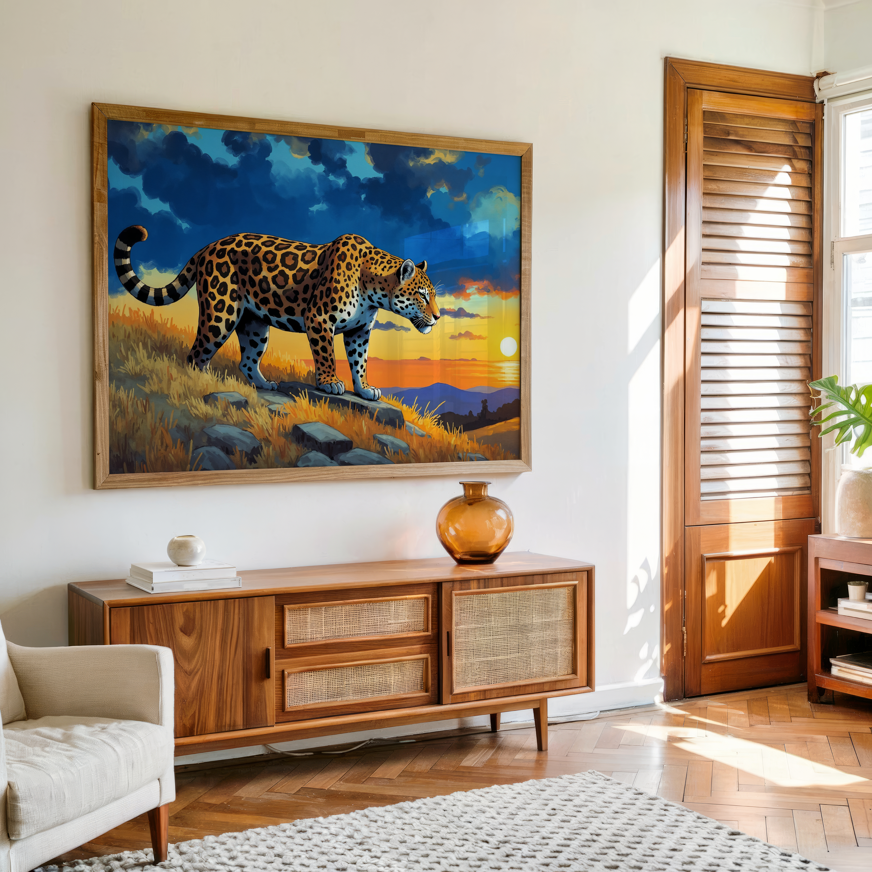 Majestic jaguar painting with dramatic sunset and mountain background