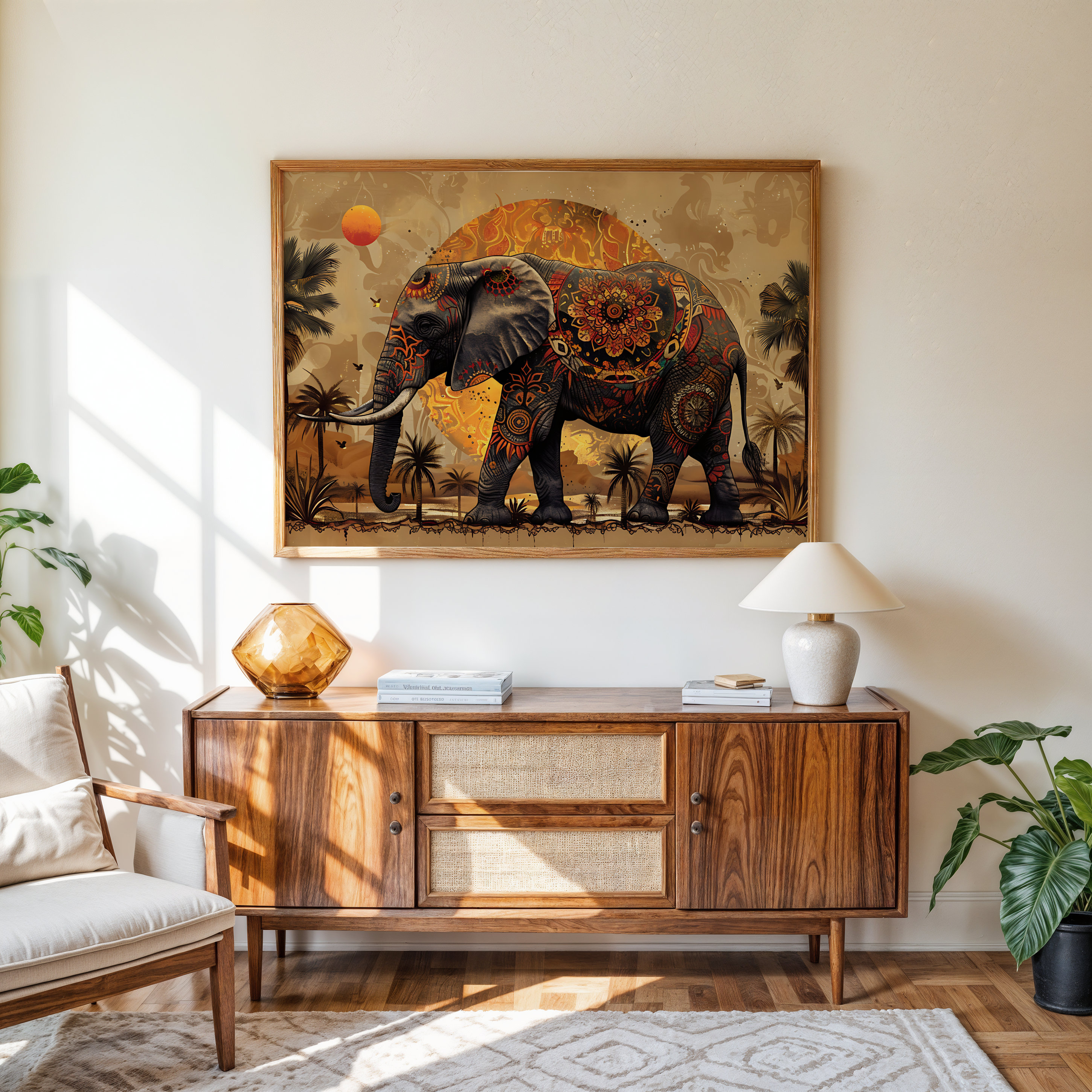 Elephant artwork with intricate tribal mandala designs and sunset desert background, ideal for boho homes