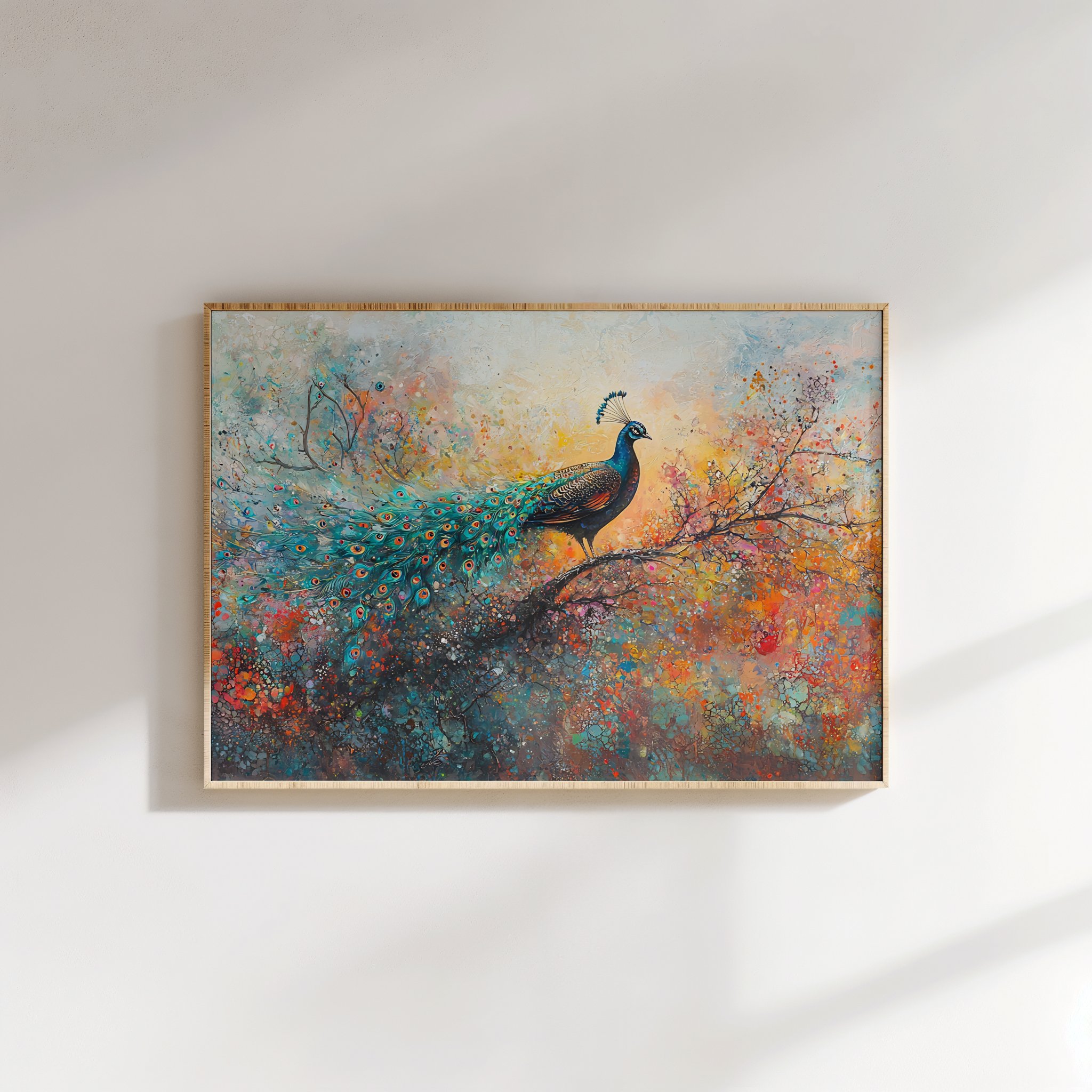Colorful peacock painting framed canvas wall decor