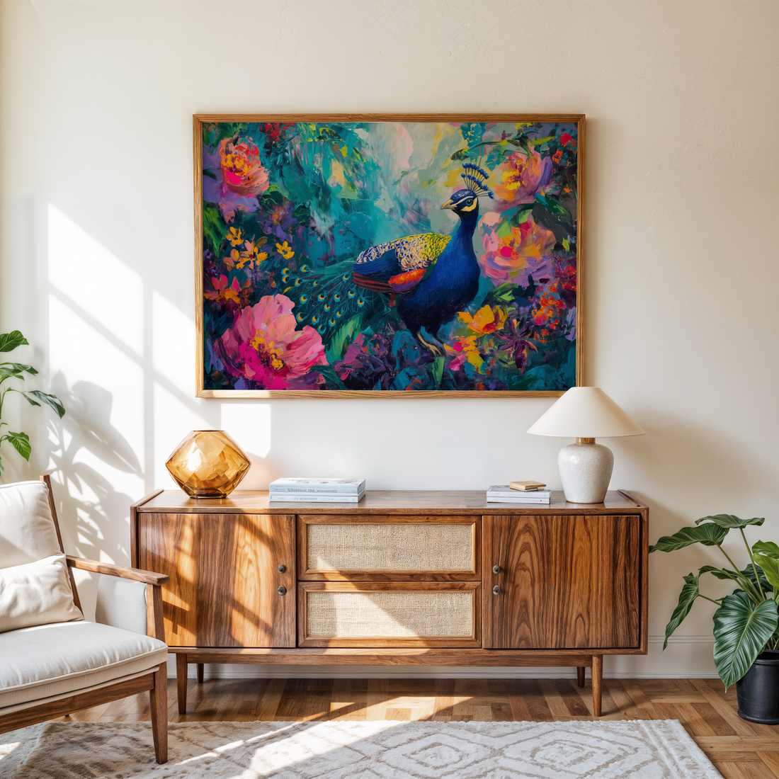 Majestic peacock digital canvas wall art print surrounded by colorful flowers – Ohhfo home decor