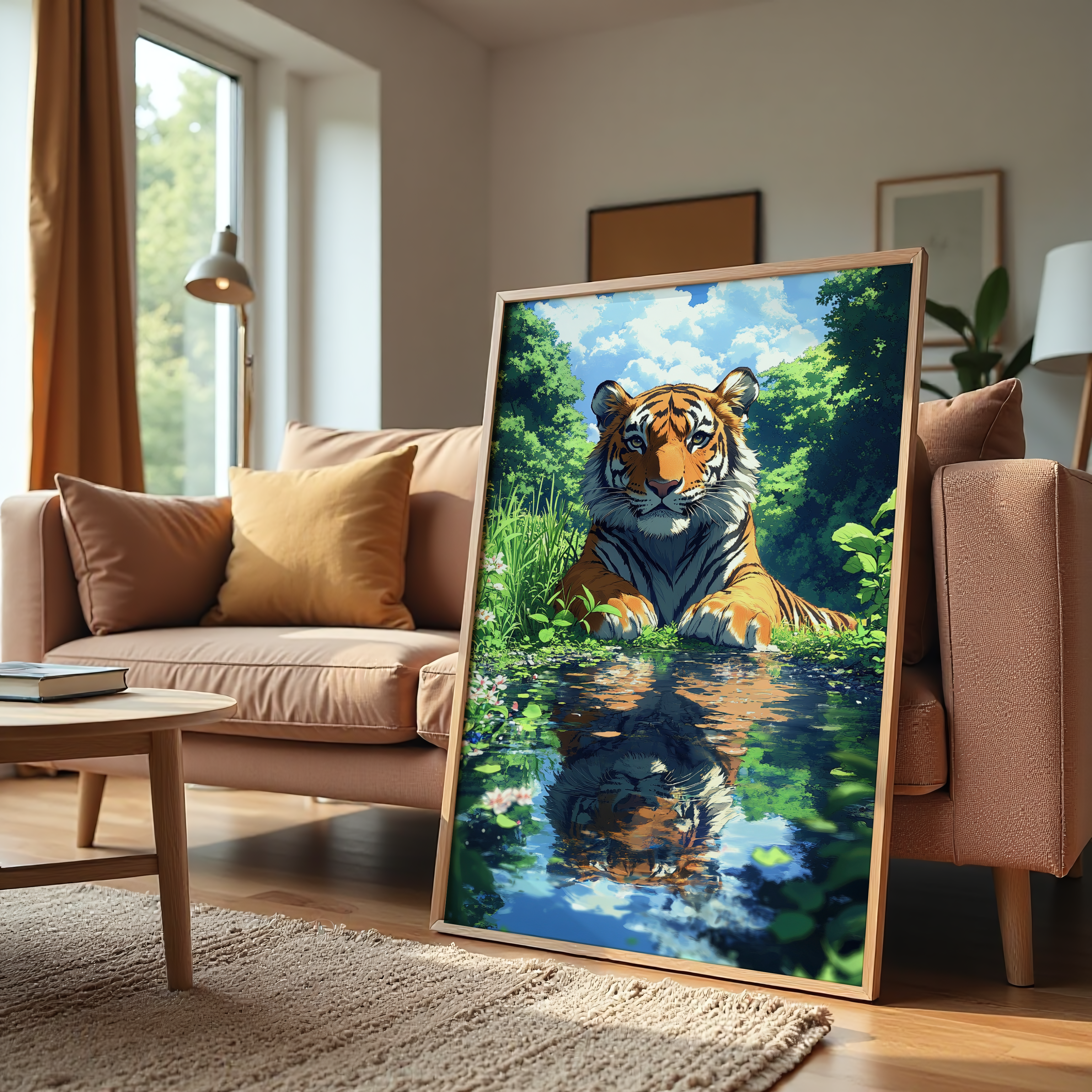 Majestic tiger resting by stream with nature background wall painting.