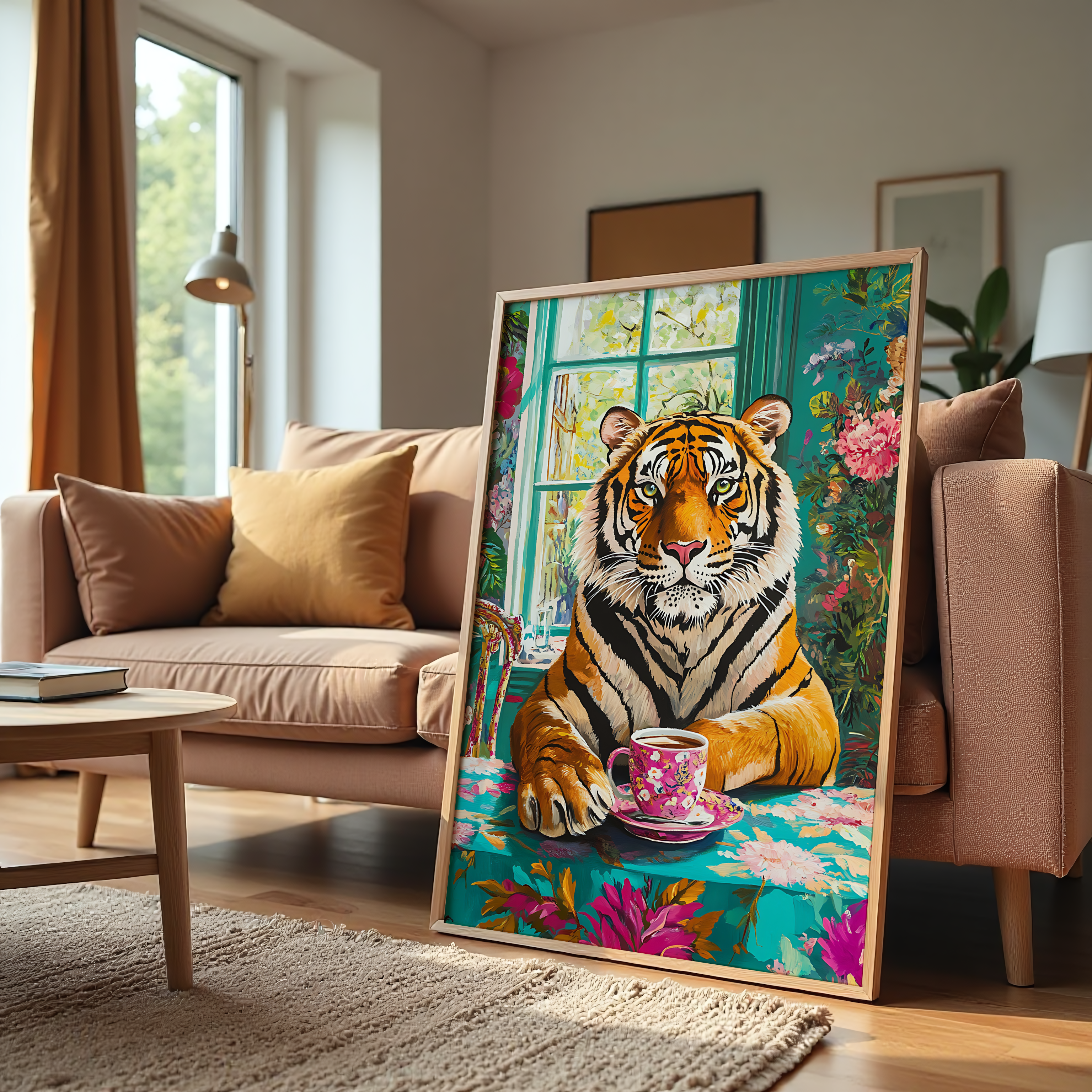 Majestic tiger canvas wall art featuring a tiger sipping tea at a floral table