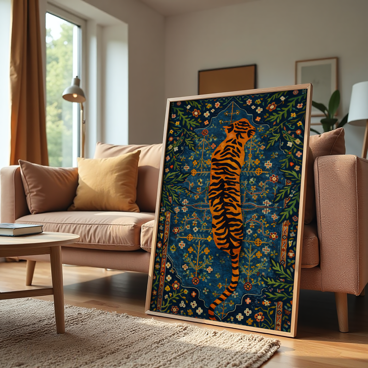 Majestic tiger folk art canvas with intricate floral patterns on deep blue background