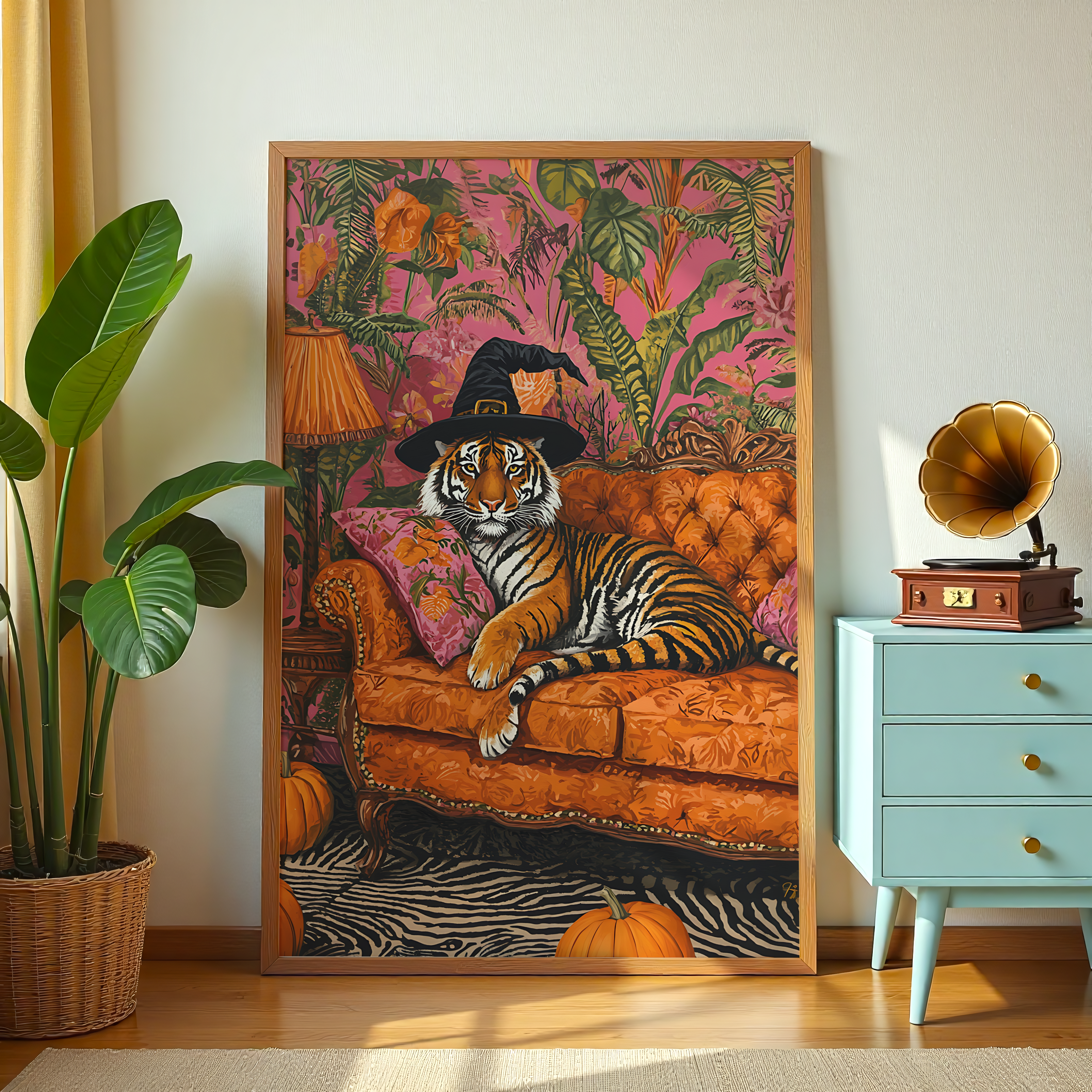 Majestic tiger lounging on an orange sofa in witch hat wall décor