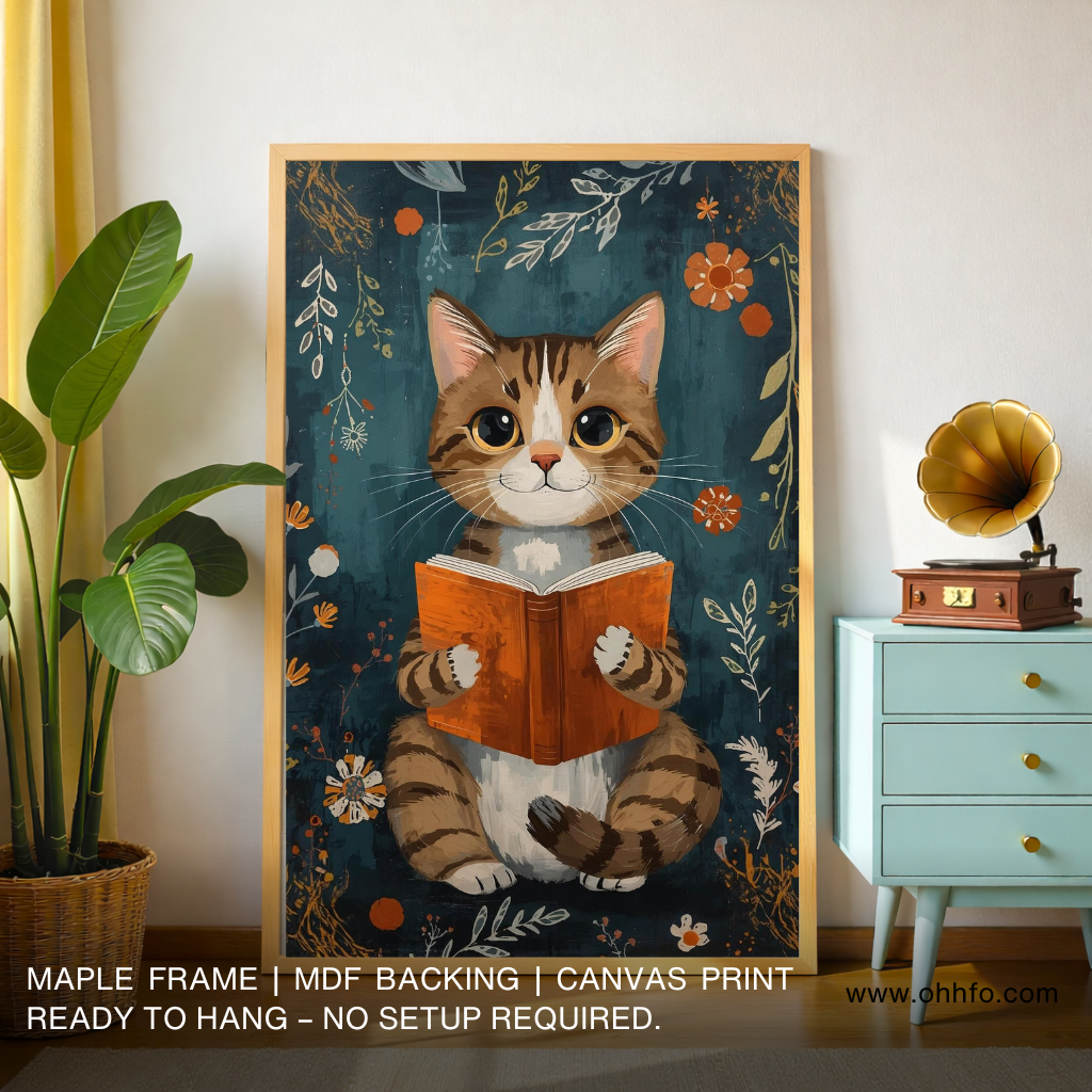 Boho Cat Reading Book Canvas Painting – Cozy Wall Art