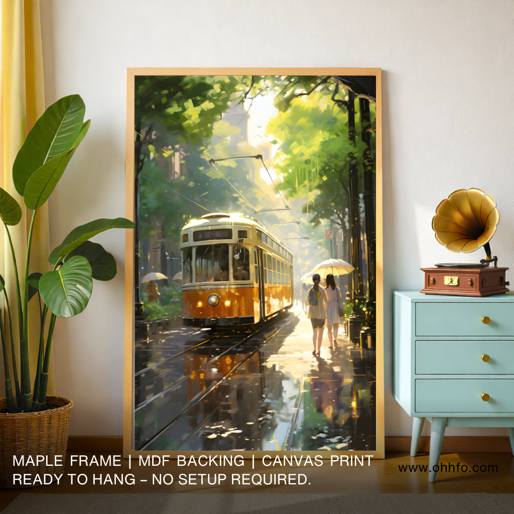 Tram Street Canvas Wall Art – City Evening Painting