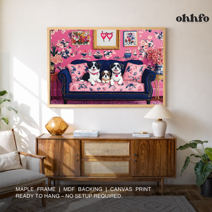 Cute Dogs on Floral Sofa Canvas Wall Art