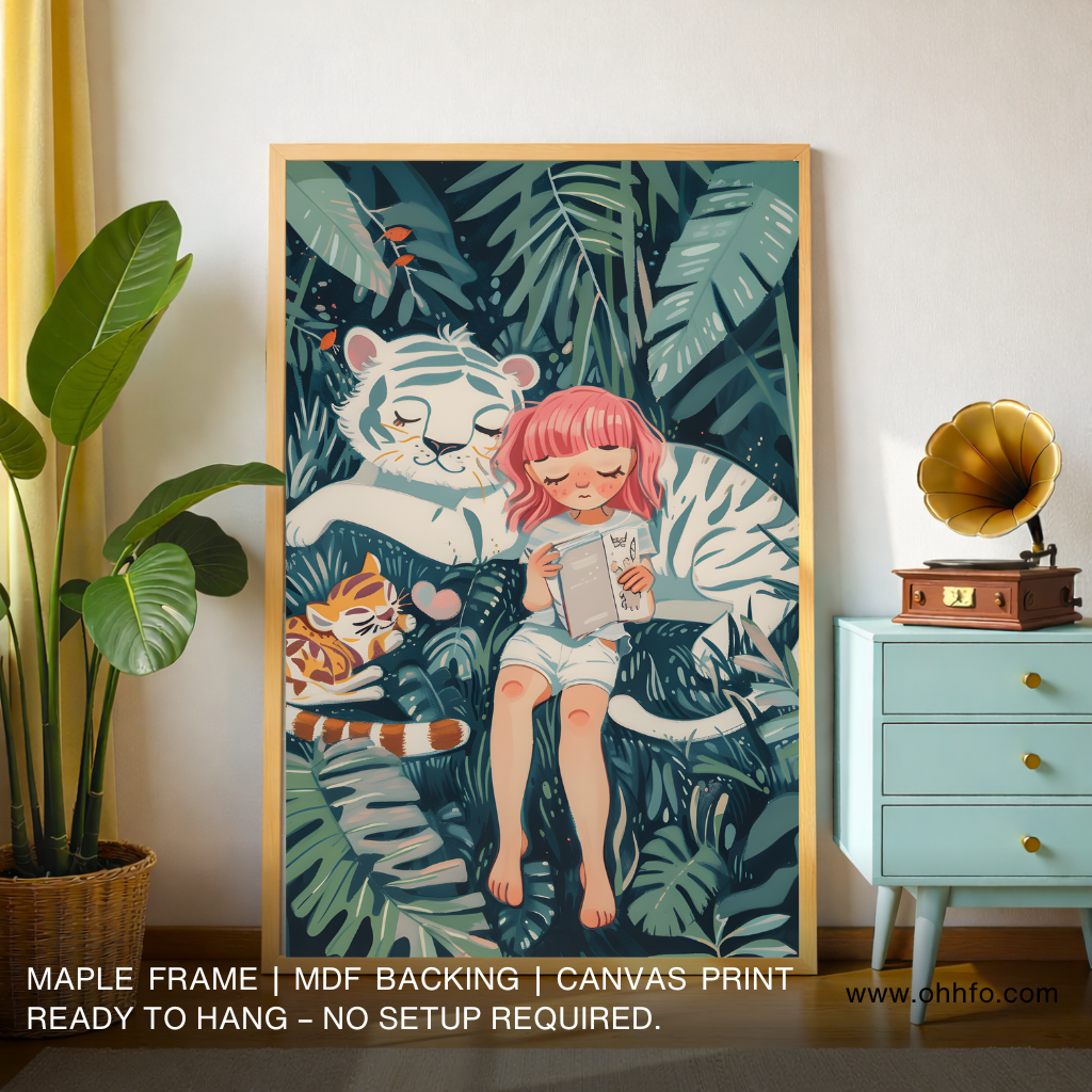 Cute Girl & White Tiger Nursery Canvas Wall Art