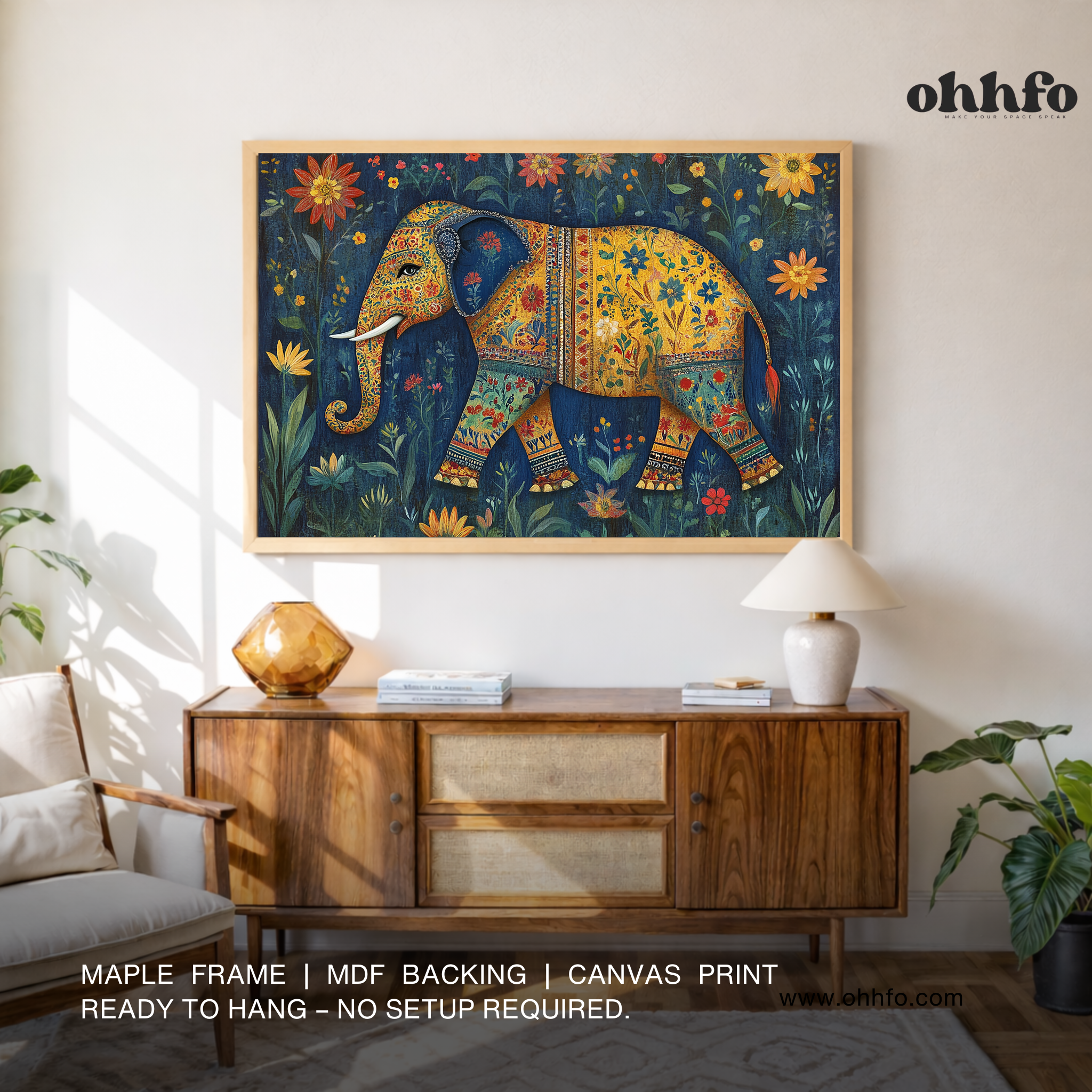 Floral Elephant Canvas Wall Art – Traditional Indian Folk Décor